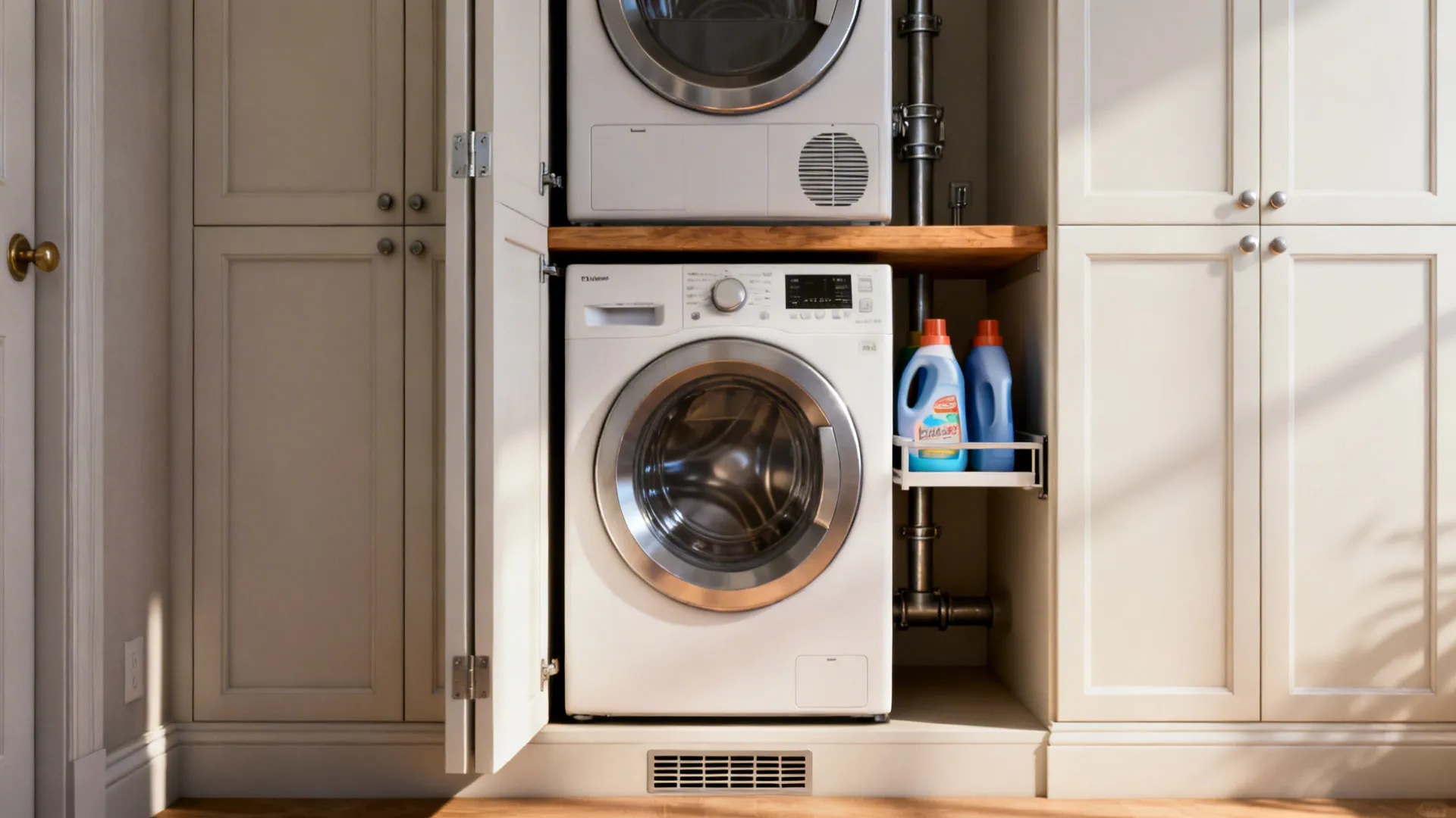 Interior of a cabinet closet with a stackable washer dryer and a pull-out shelf for detergents.