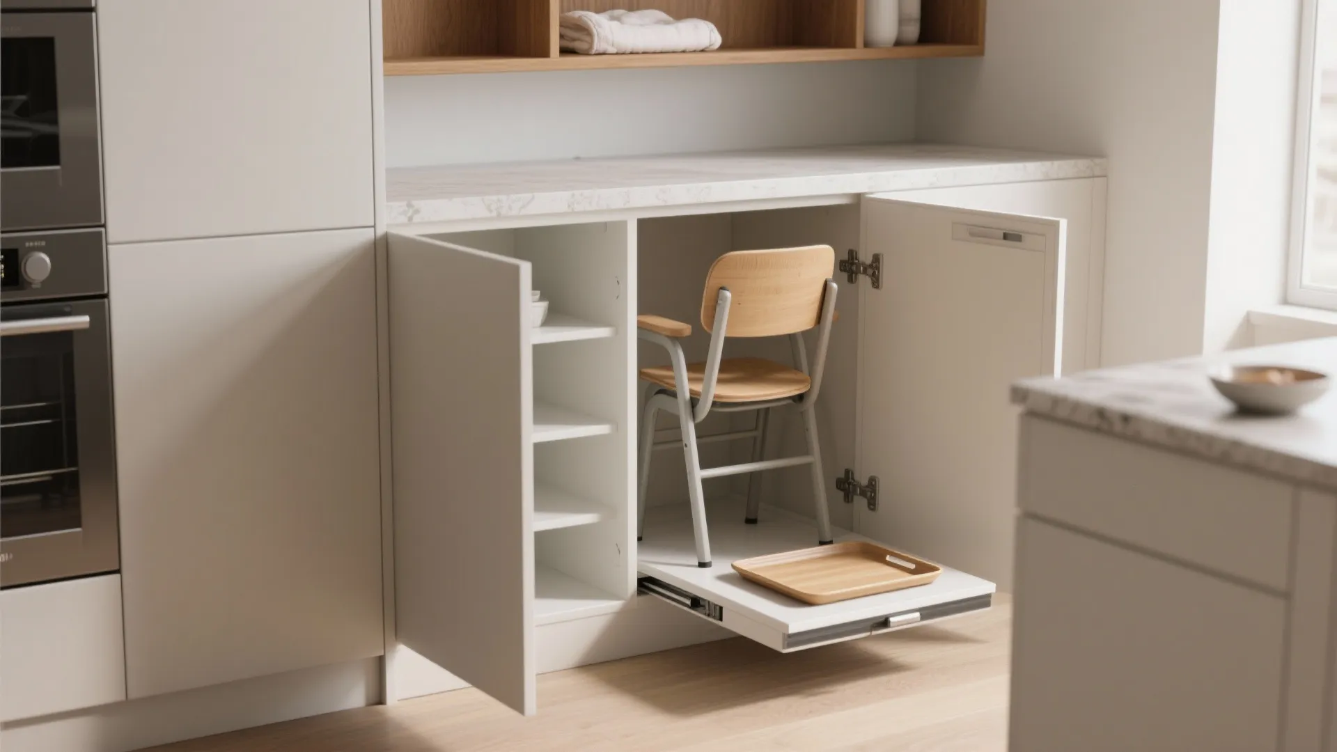 Modern white kitchen cabinet with an open door showing a small wooden chair stored inside