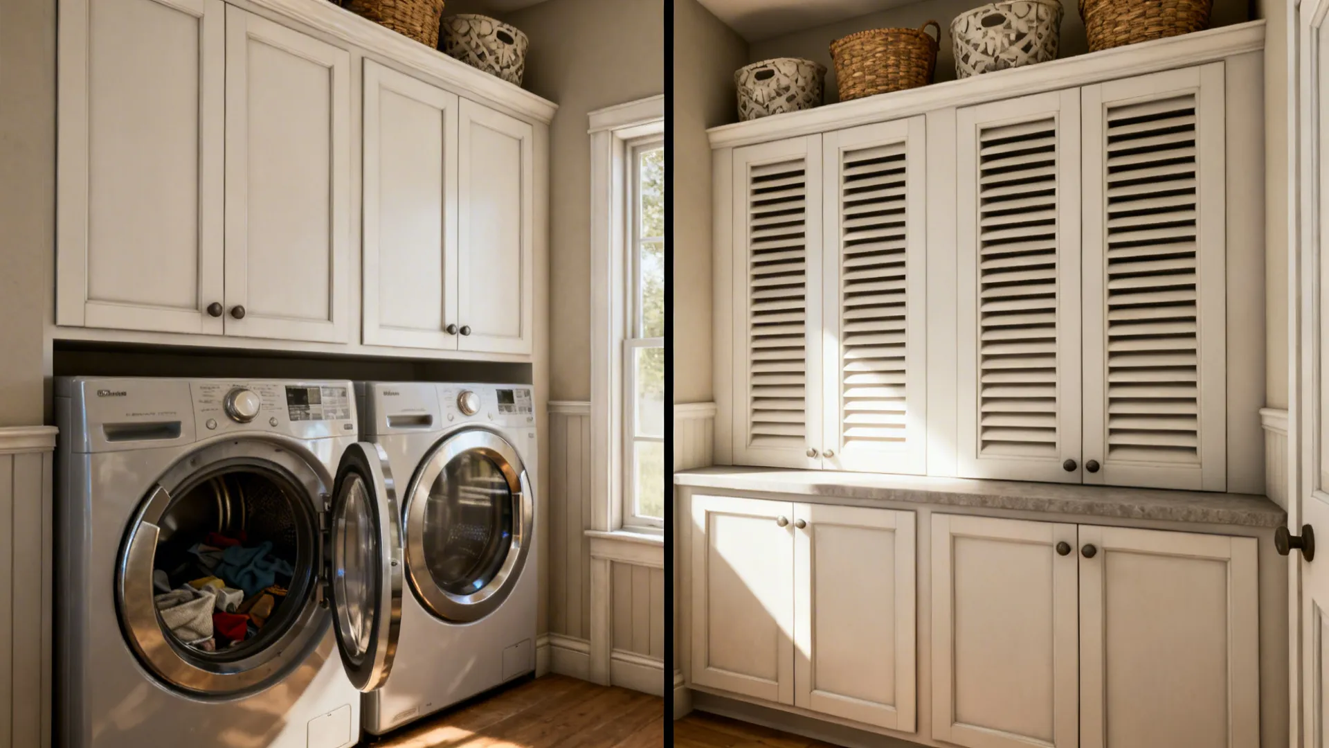 Before and after of a laundry closet concealed by multi-purpose cabinetry with louvered vents and a clean counter.