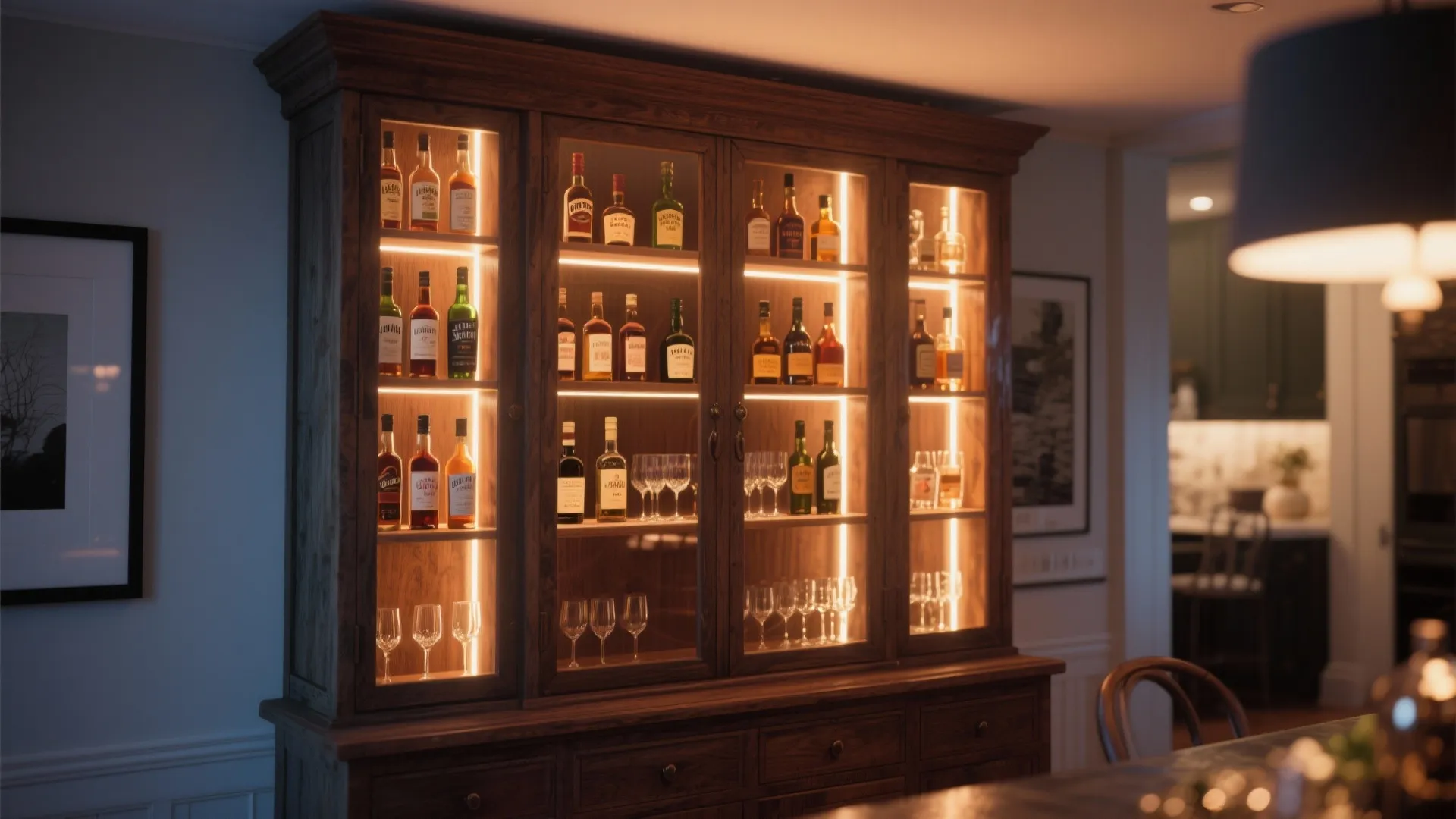 Tall vintage cabinet converted into a home bar with LED lighting