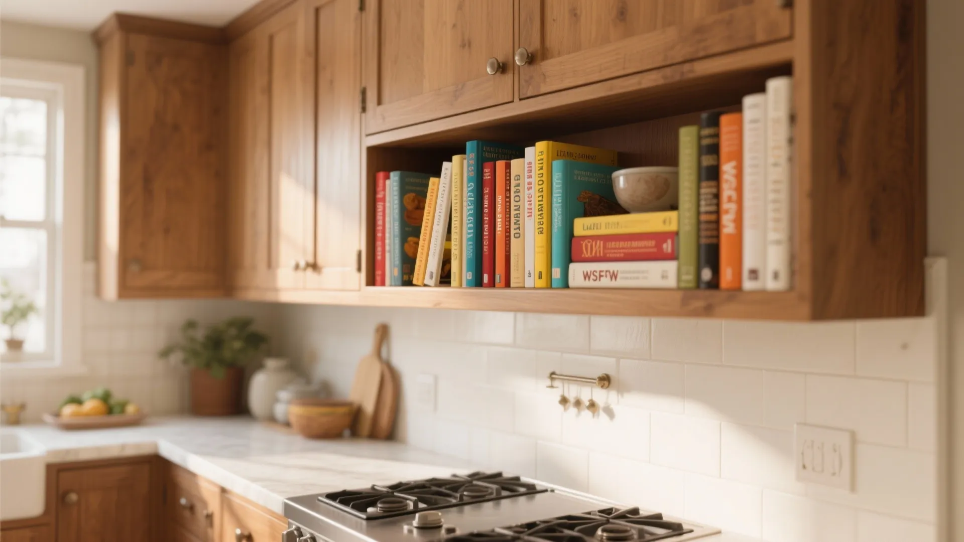 Wooden kitchen wall cabinets featuring an open shelf filled with colorful cookbooks and white tile backsplash