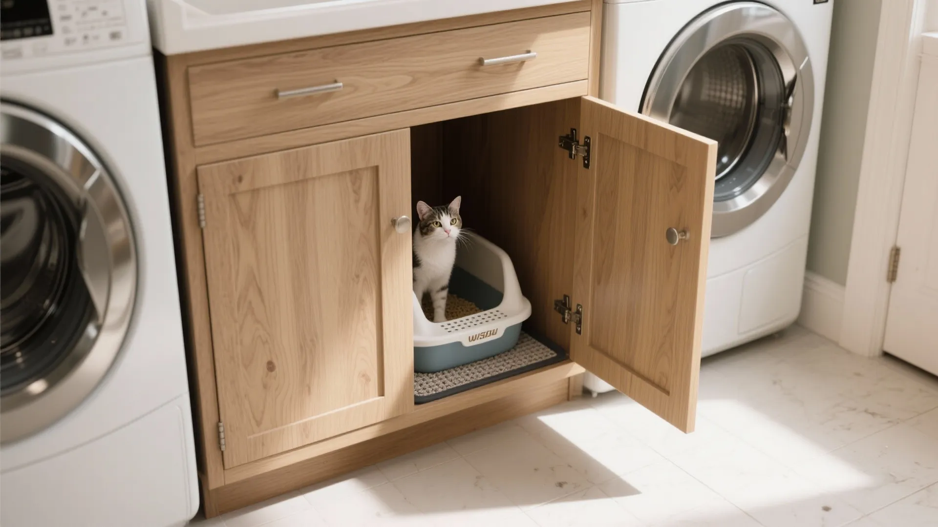 Cat sitting in a litter box inside a wooden laundry room cabinet with open doors