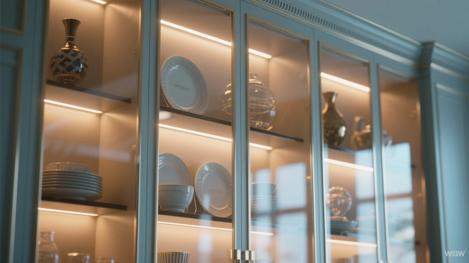 Kitchen wall cabinet with glass doors displaying plates and bowls with warm integrated shelf lighting