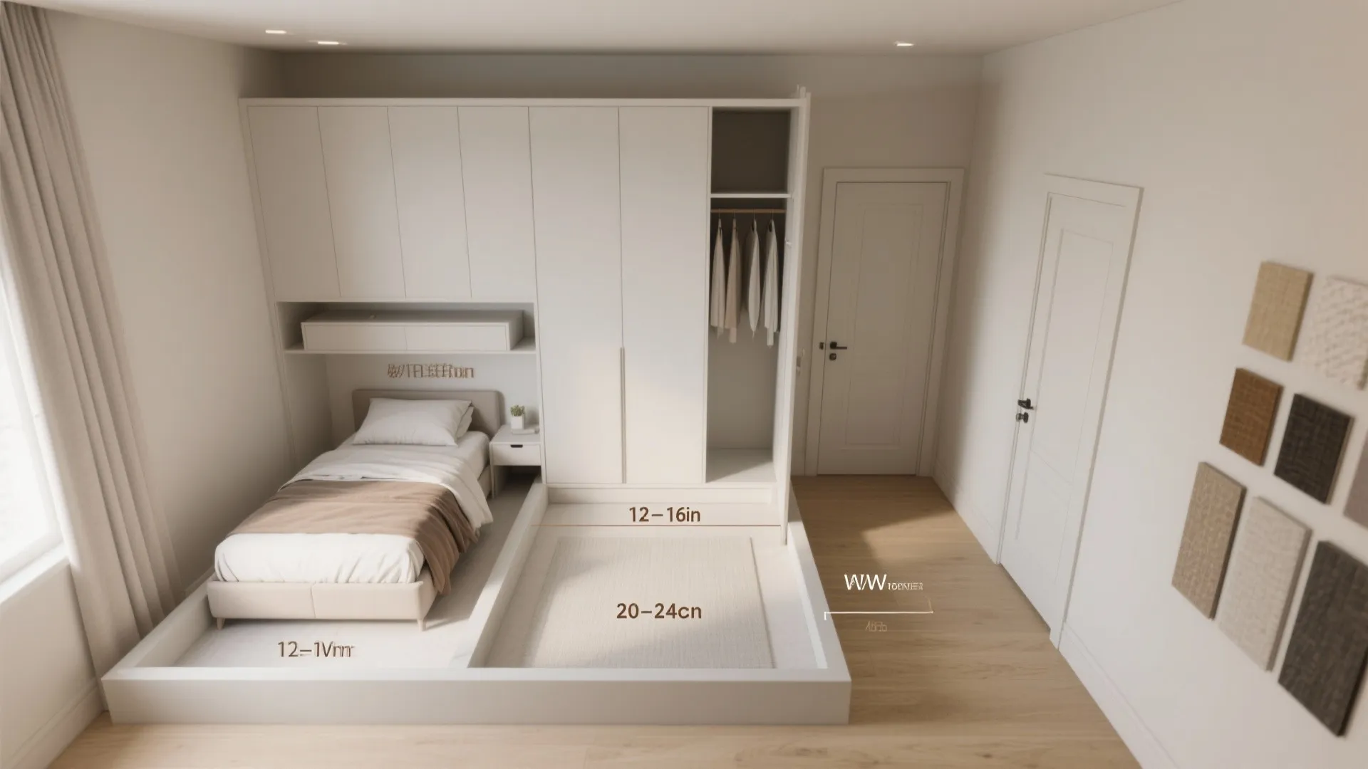 Top-down layout comparing cabinet depths and clearances for small bedroom planning.