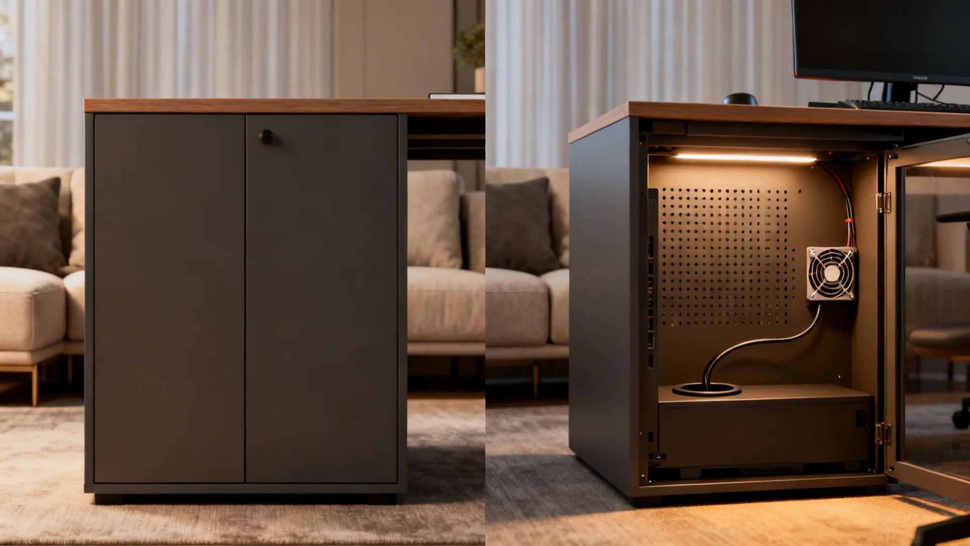 Multipurpose cabinet desk shown closed on one side and open as a tidy workspace on the other.