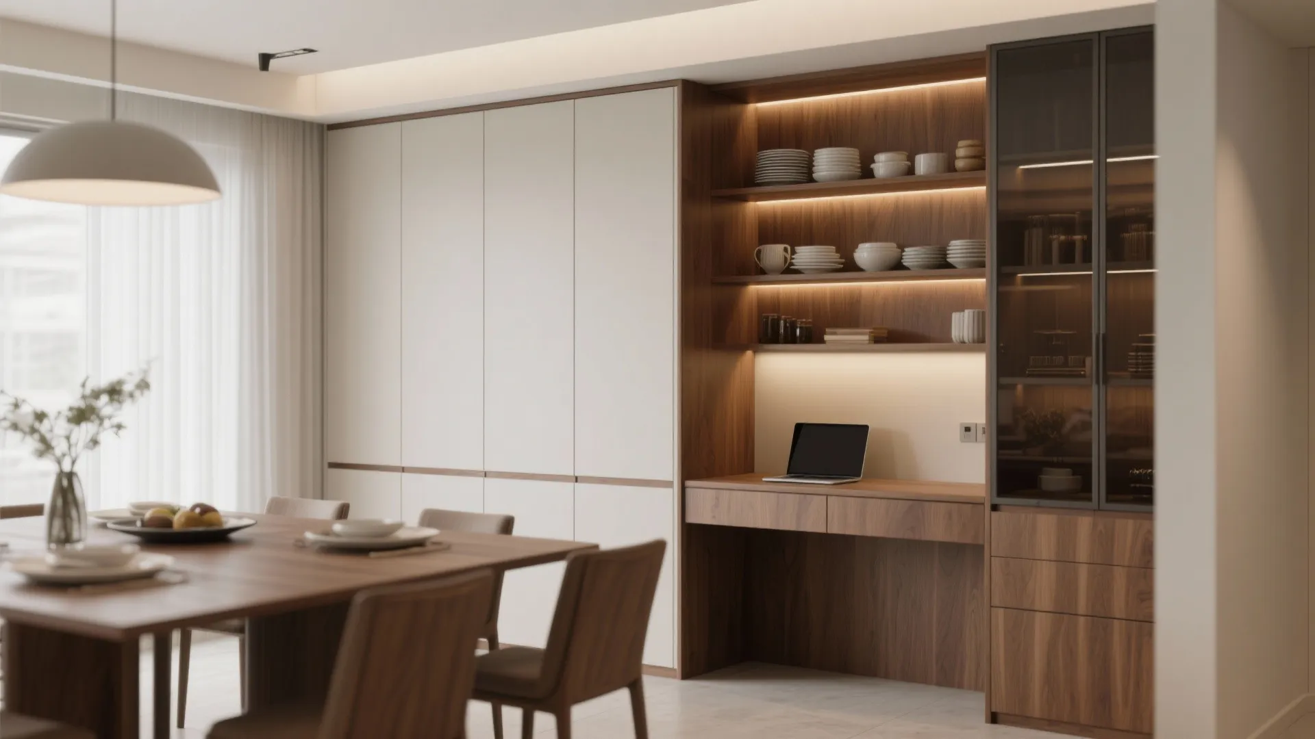 Cabinetry combining dining storage and desk space