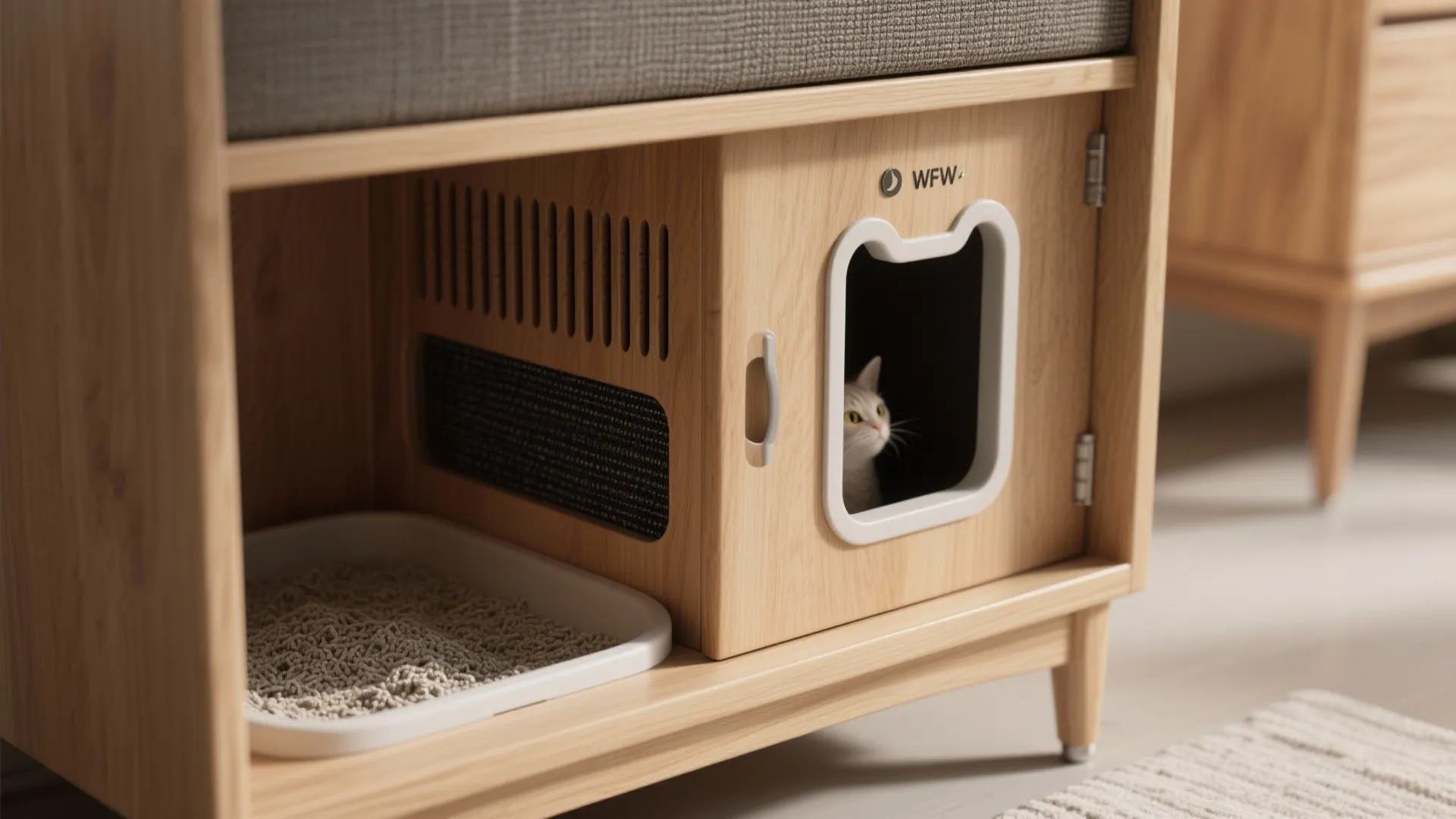 Close up of a wooden cabinet with cat door and litter tray for pet care