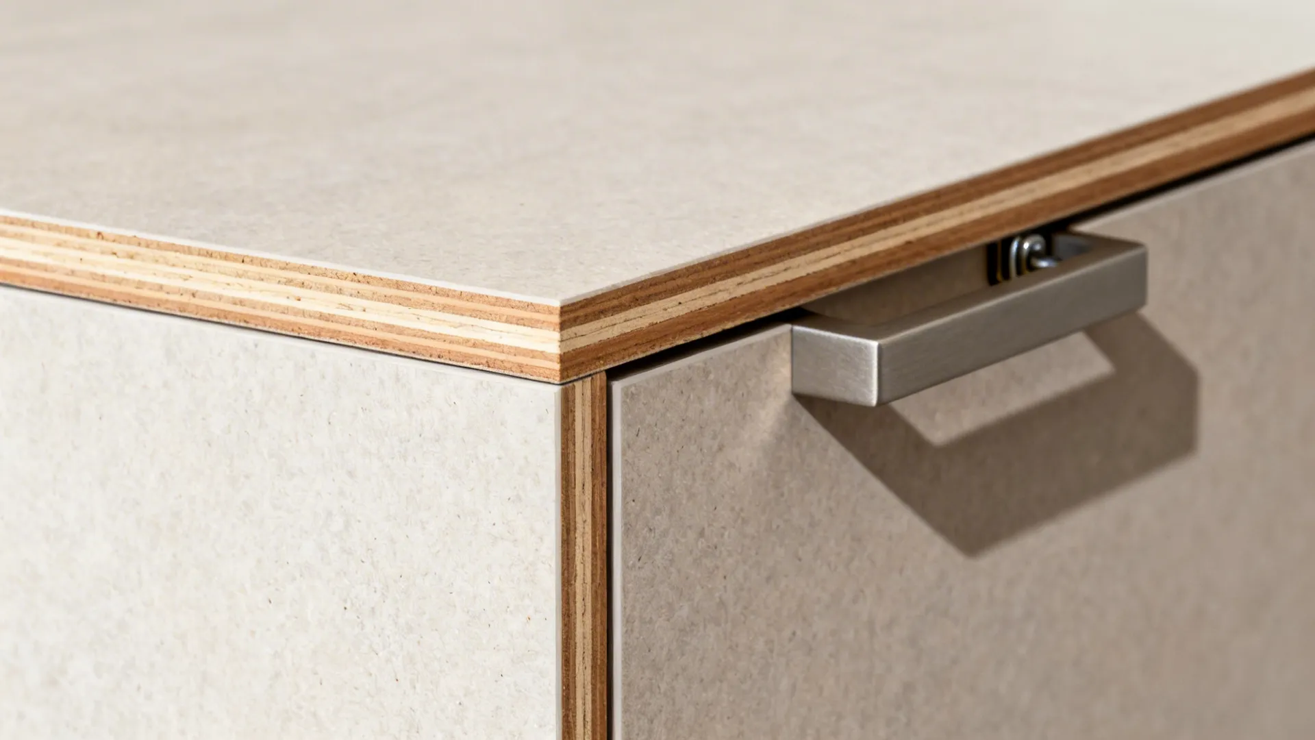 Close-up of plywood edge, edge banding, and a simple pull on a modular cabinet door.