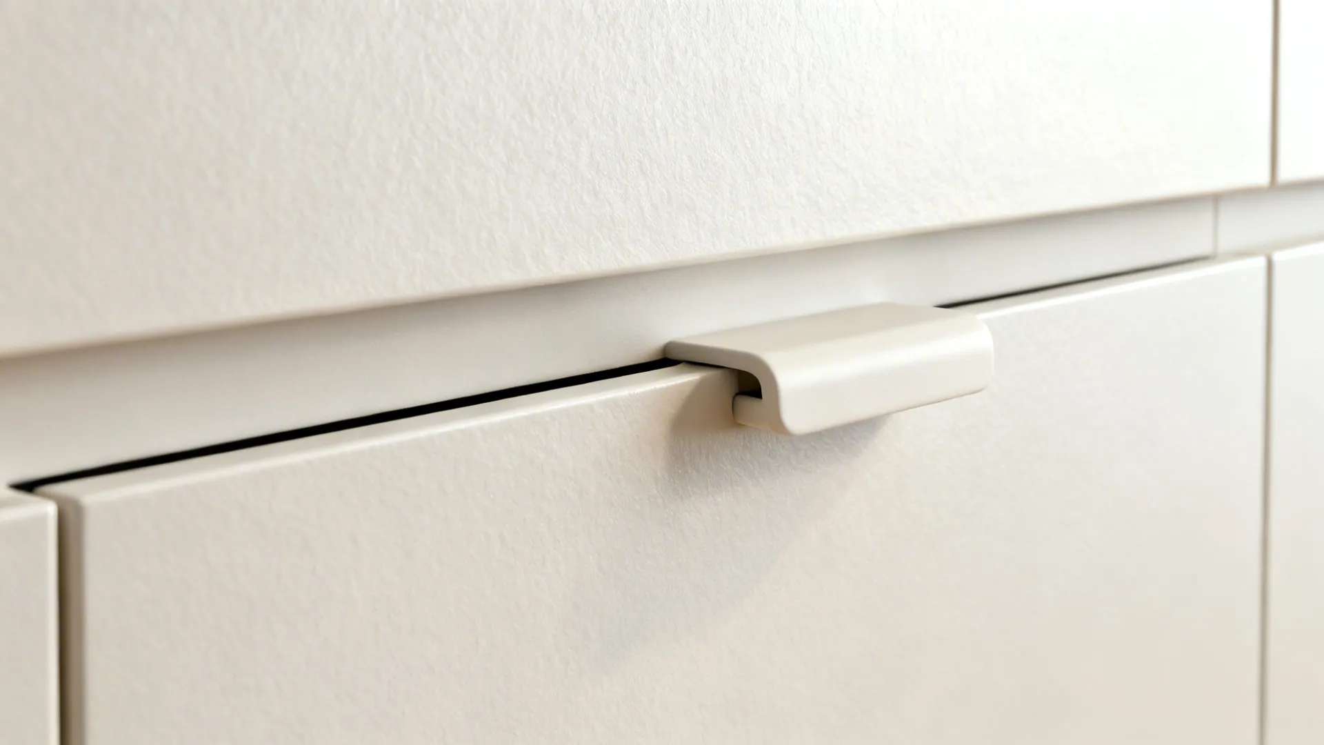 Macro view of slab cabinet with integrated pull and satin matte finish in soft daylight.