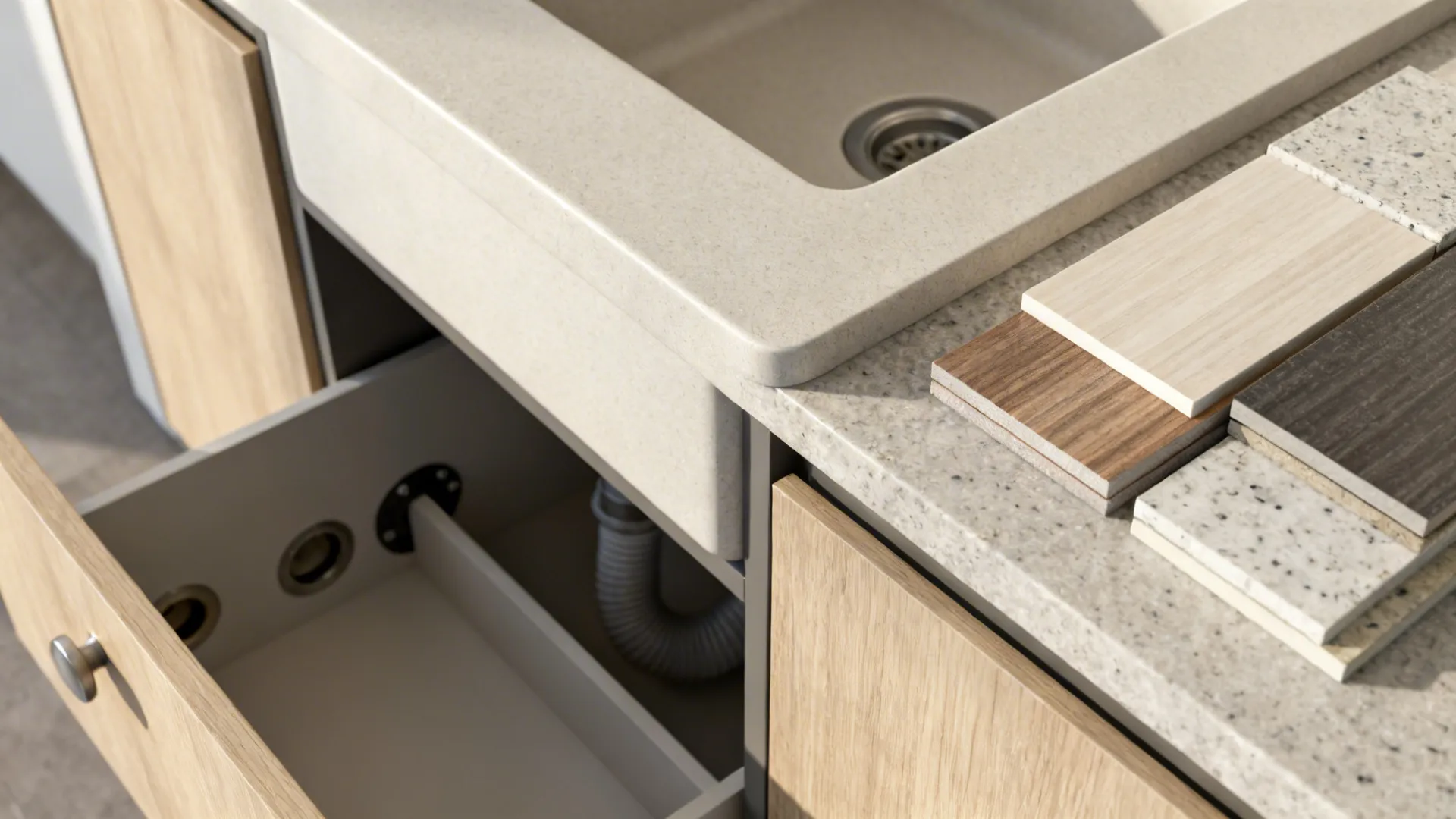 Close-up of sink edge, countertop materials, and plumbing clearance detail.