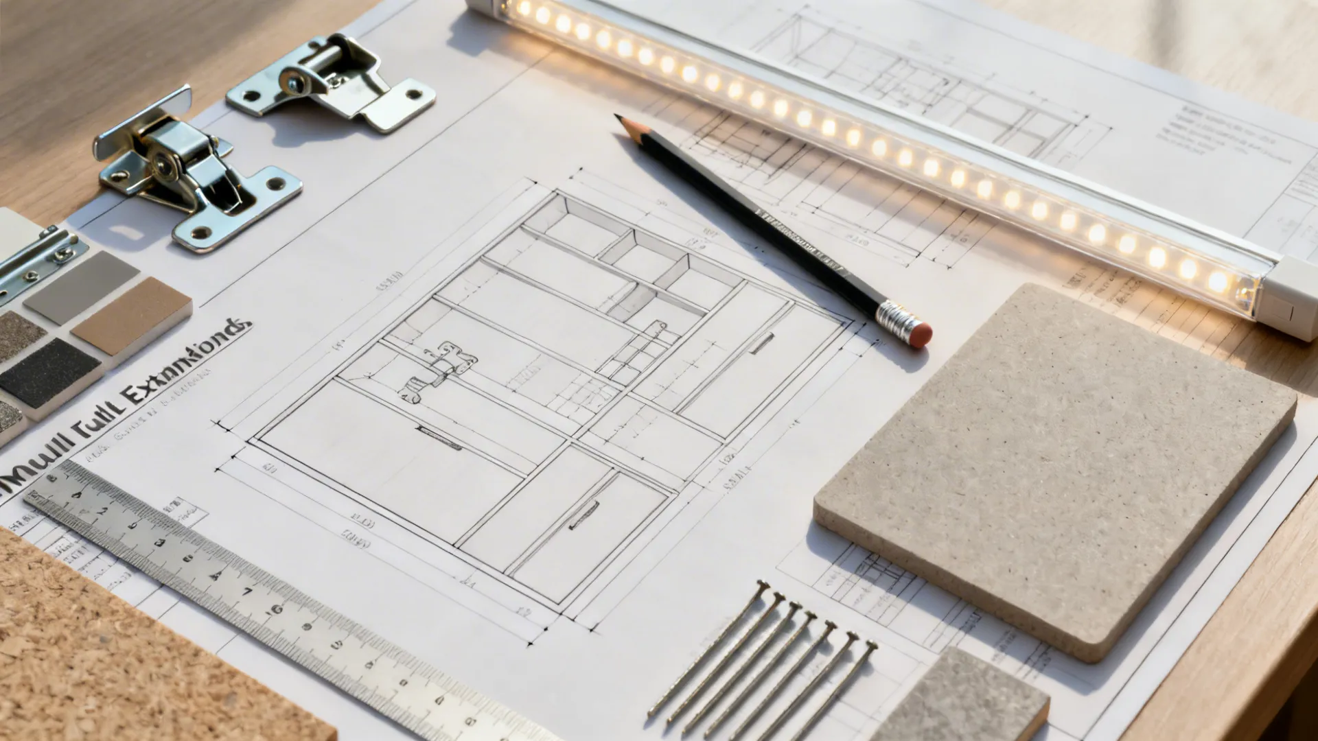 Flat lay of cabinet plans with slide, hinge, LED strip, shelf pins, and material swatches.