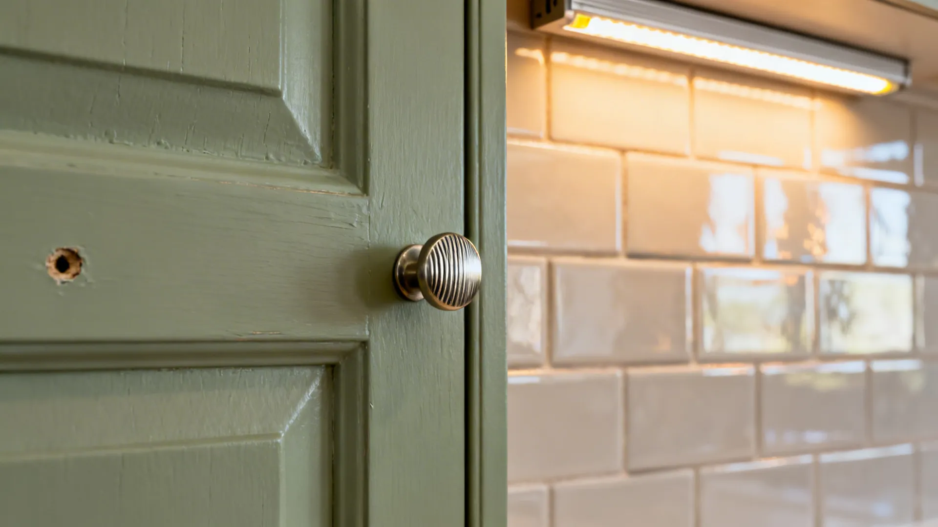 Green cabinet door with round knob next to white tiles with warm under cabinet strip light