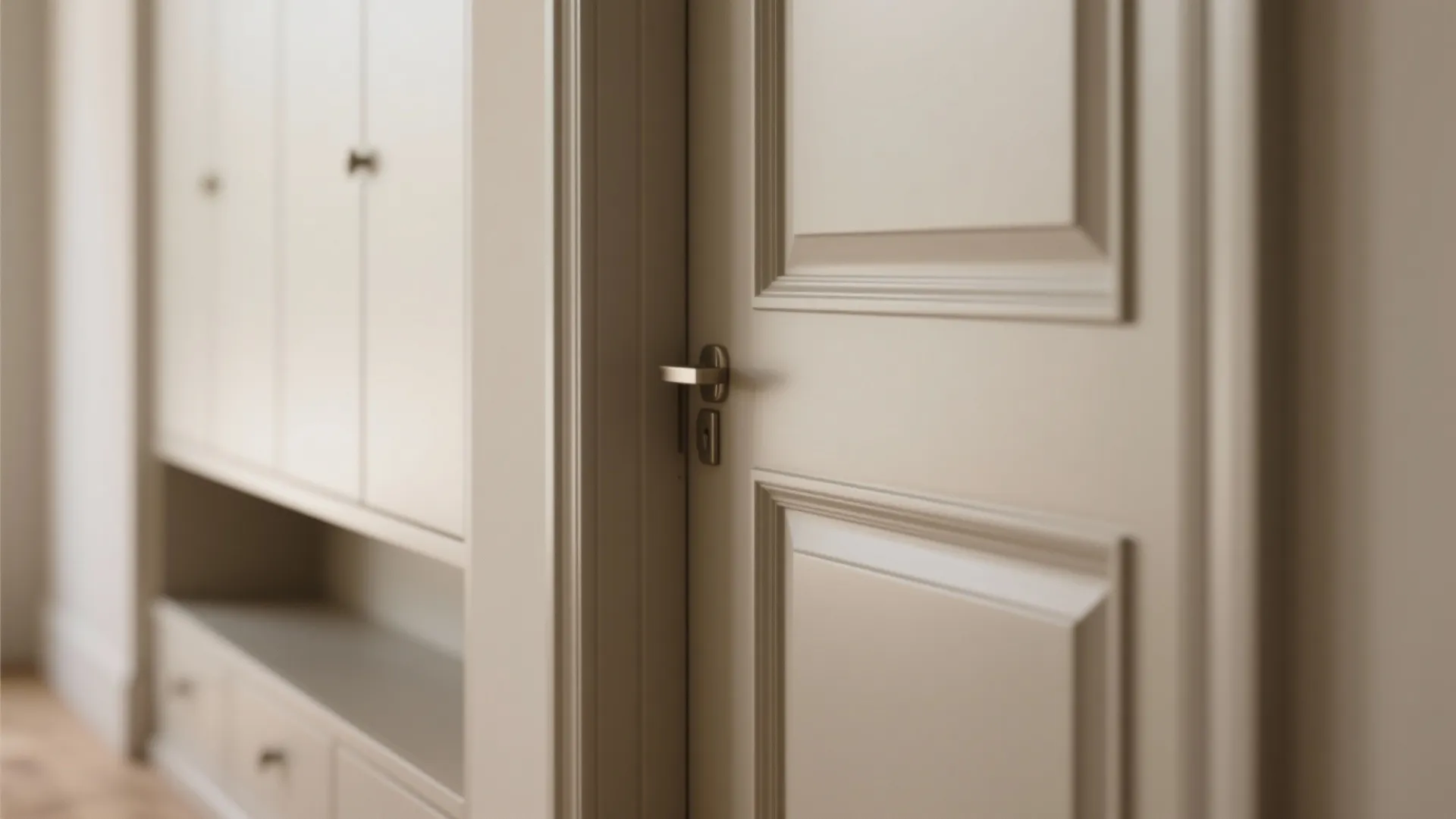 Close up view of a beige wooden door with metal handle next to a storage cabinet
