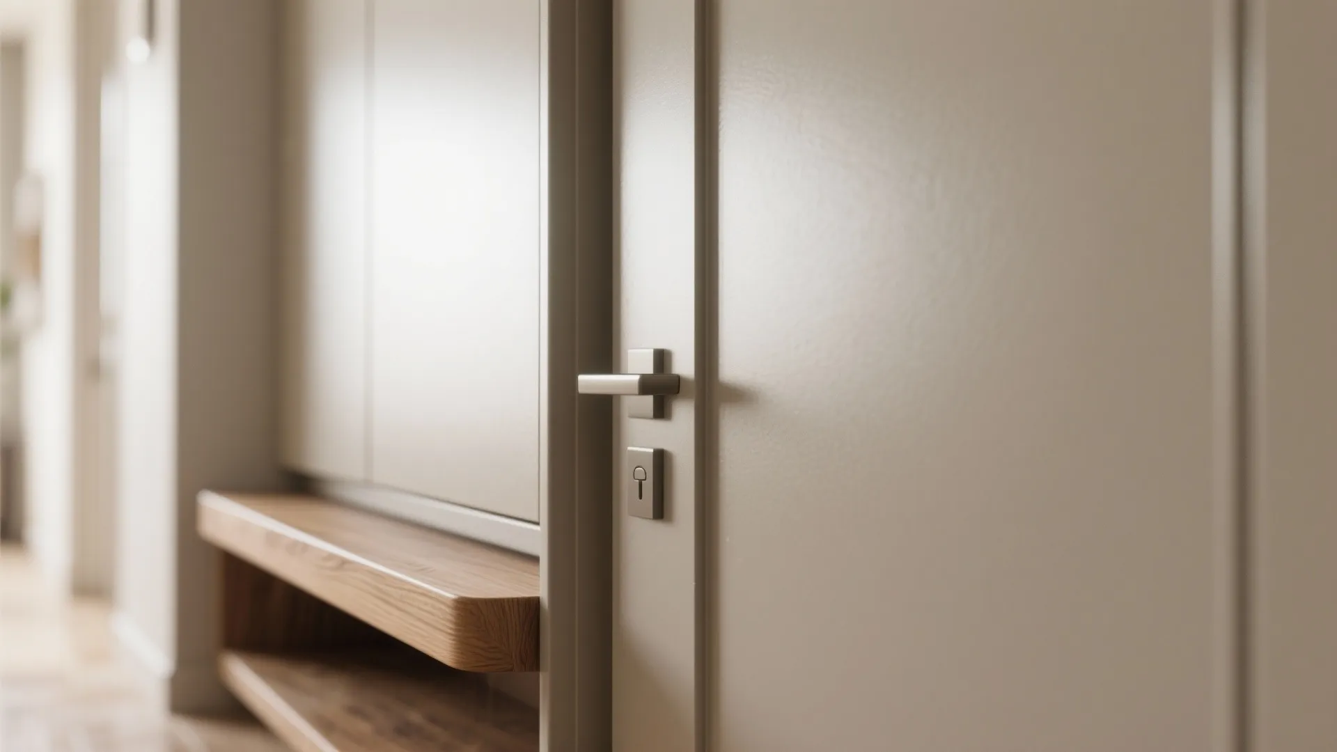 Close up of a cream cabinet door with a silver metal handle and wood shelf