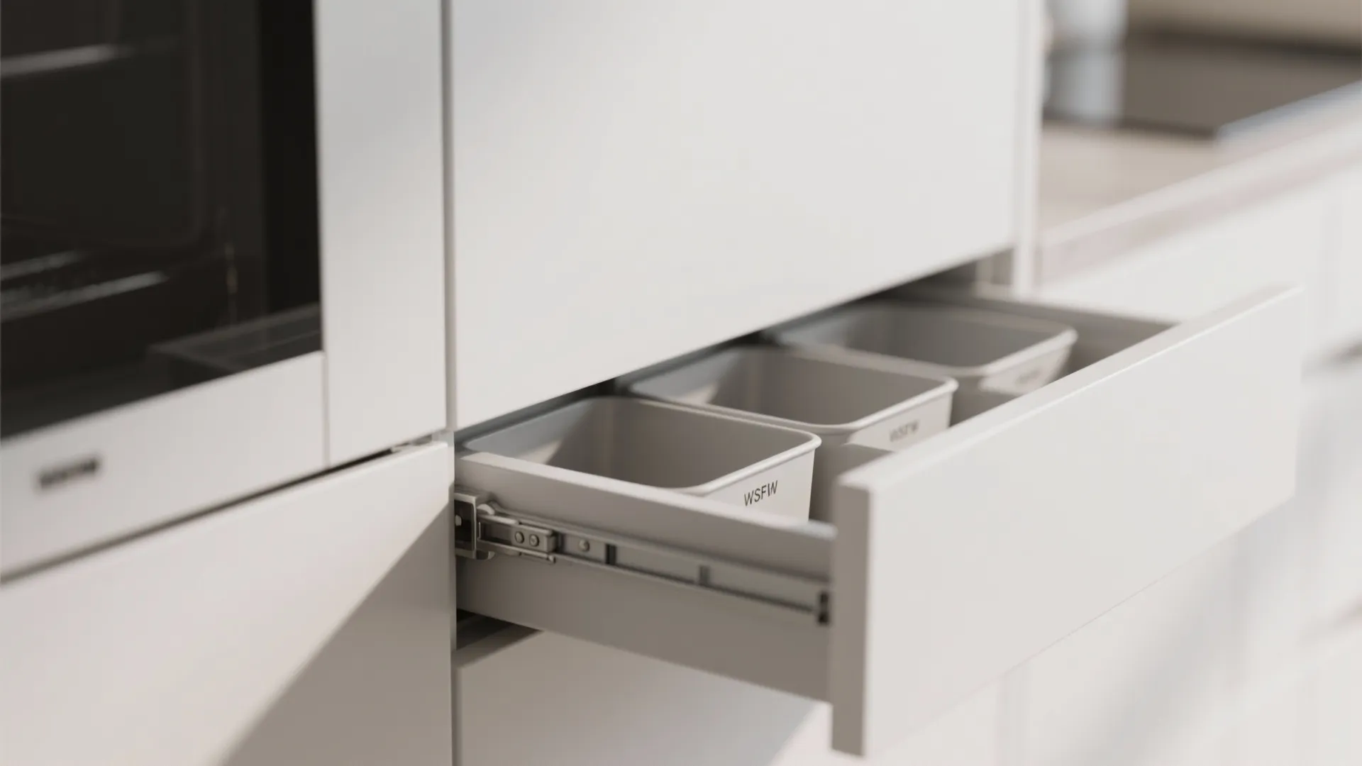 Macro of handleless cabinet edge and organized interior drawer in soft daylight.
