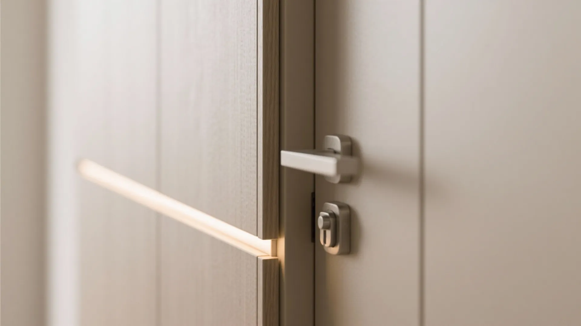 Close up of a wooden cabinet door with silver handle and built in warm light