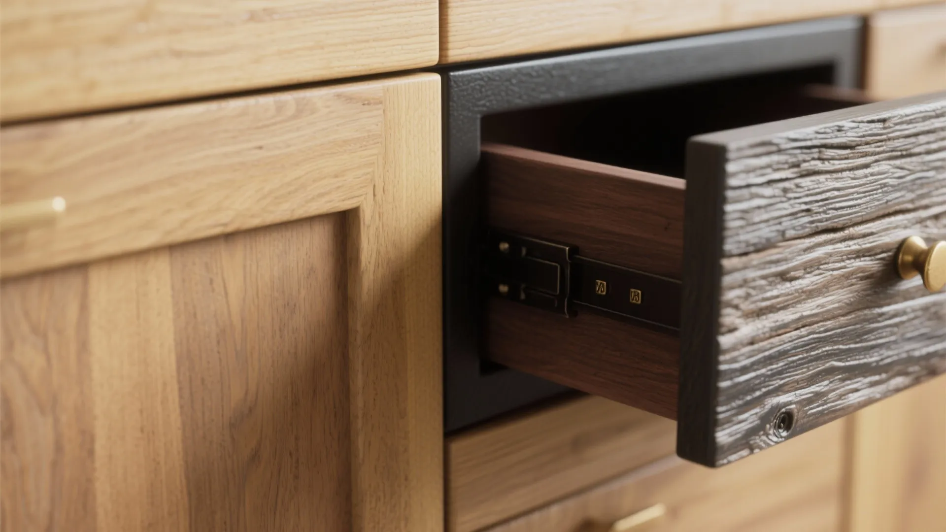 Close up view of open wooden drawer with metal slide rails and gold round handle detail