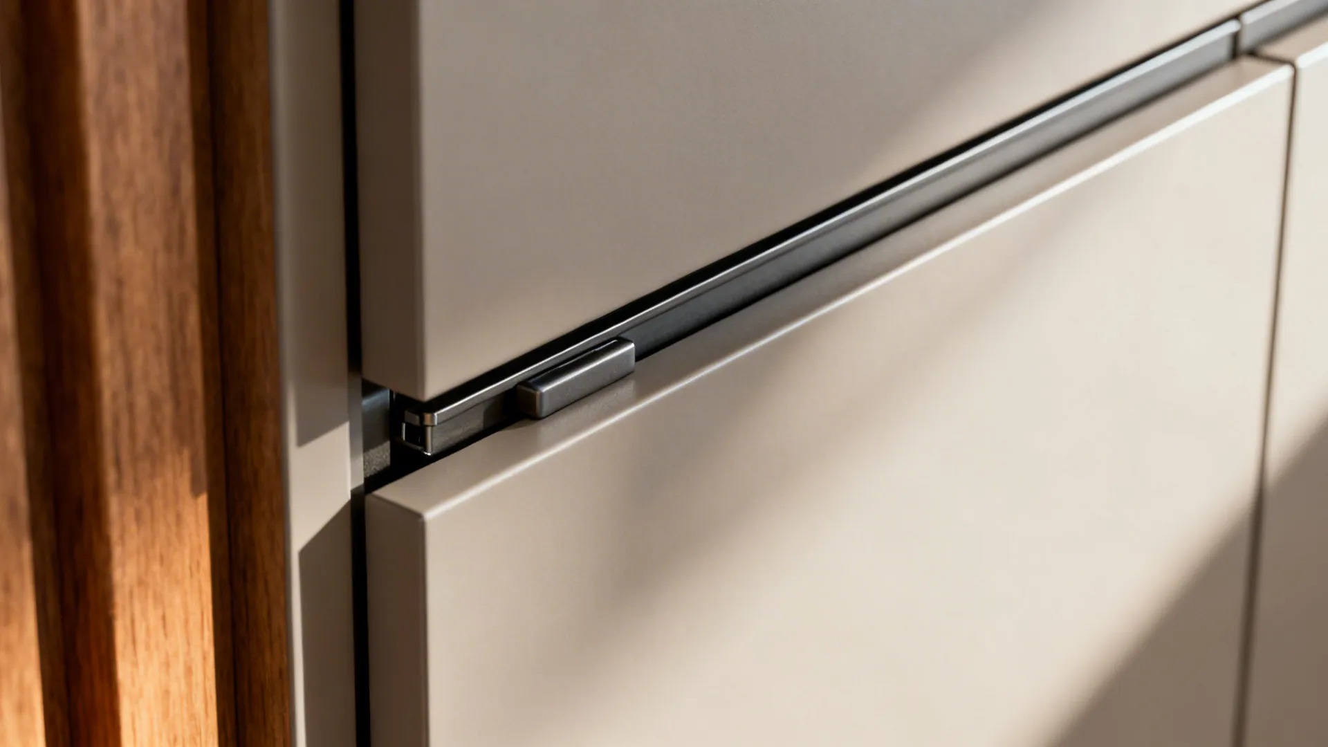 Macro of handleless matte cabinet edge with tight reveals and push-to-open track.