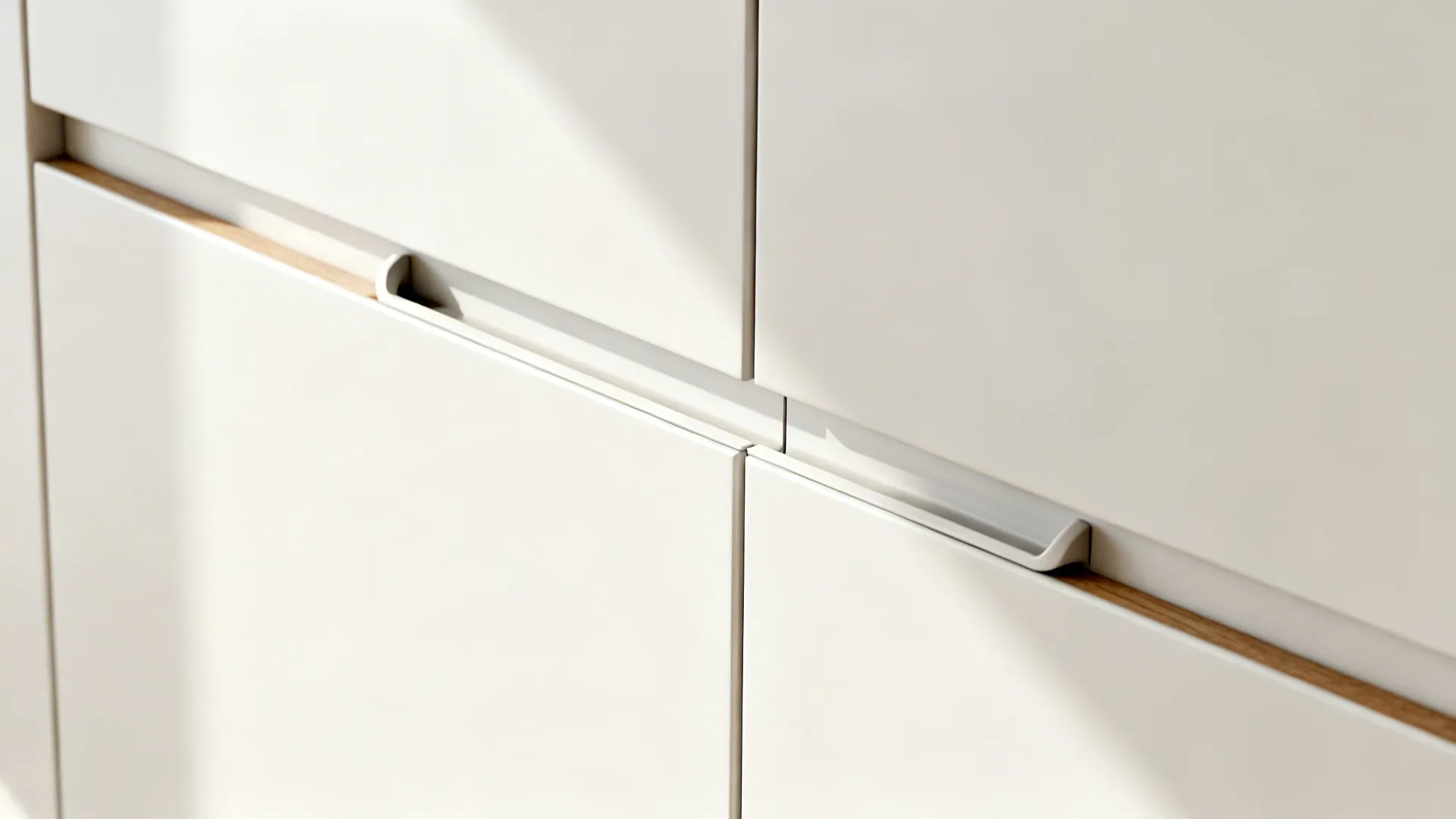 Macro of integrated pull channel on matte white cabinet with precise alignment and soft-close hardware.