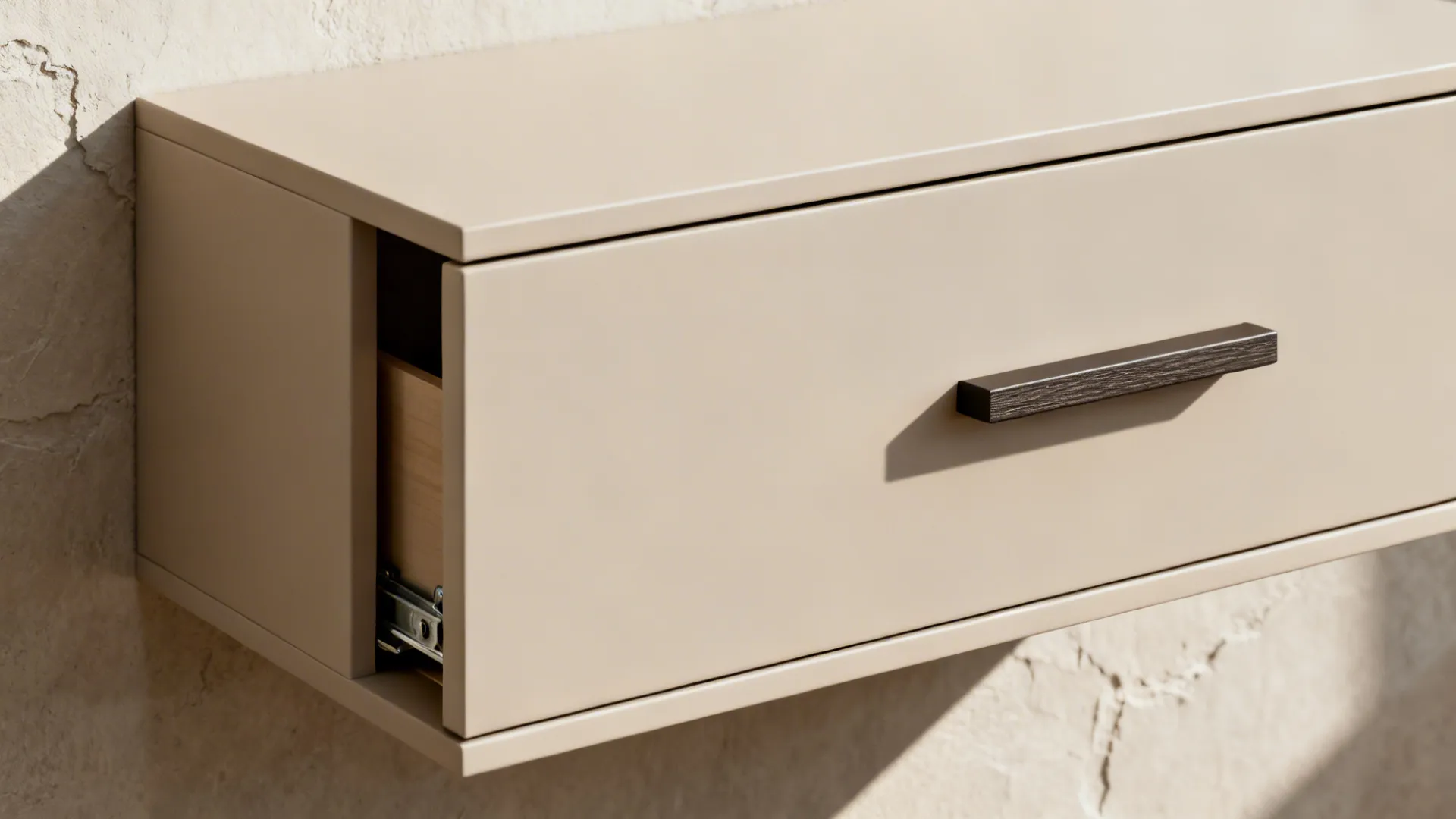 Close up of a beige wall cabinet with a dark handle and metal sliding rail