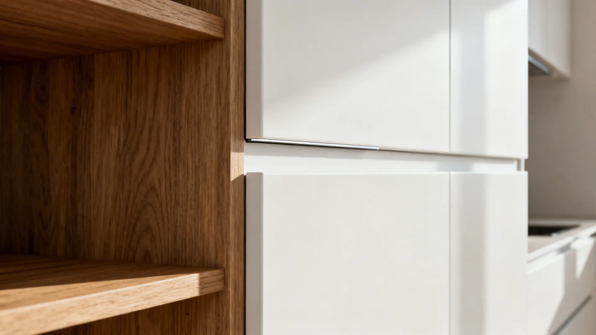 Macro of matte white slab cabinet with discreet edge pull and oak shelf grain.