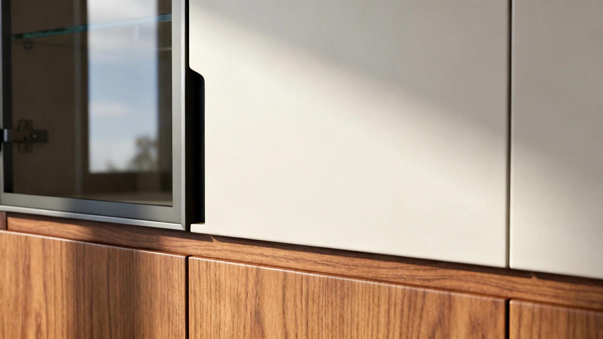 Close-up of warm wood lower cabinet and matte glass-front upper cabinet with refined textures
