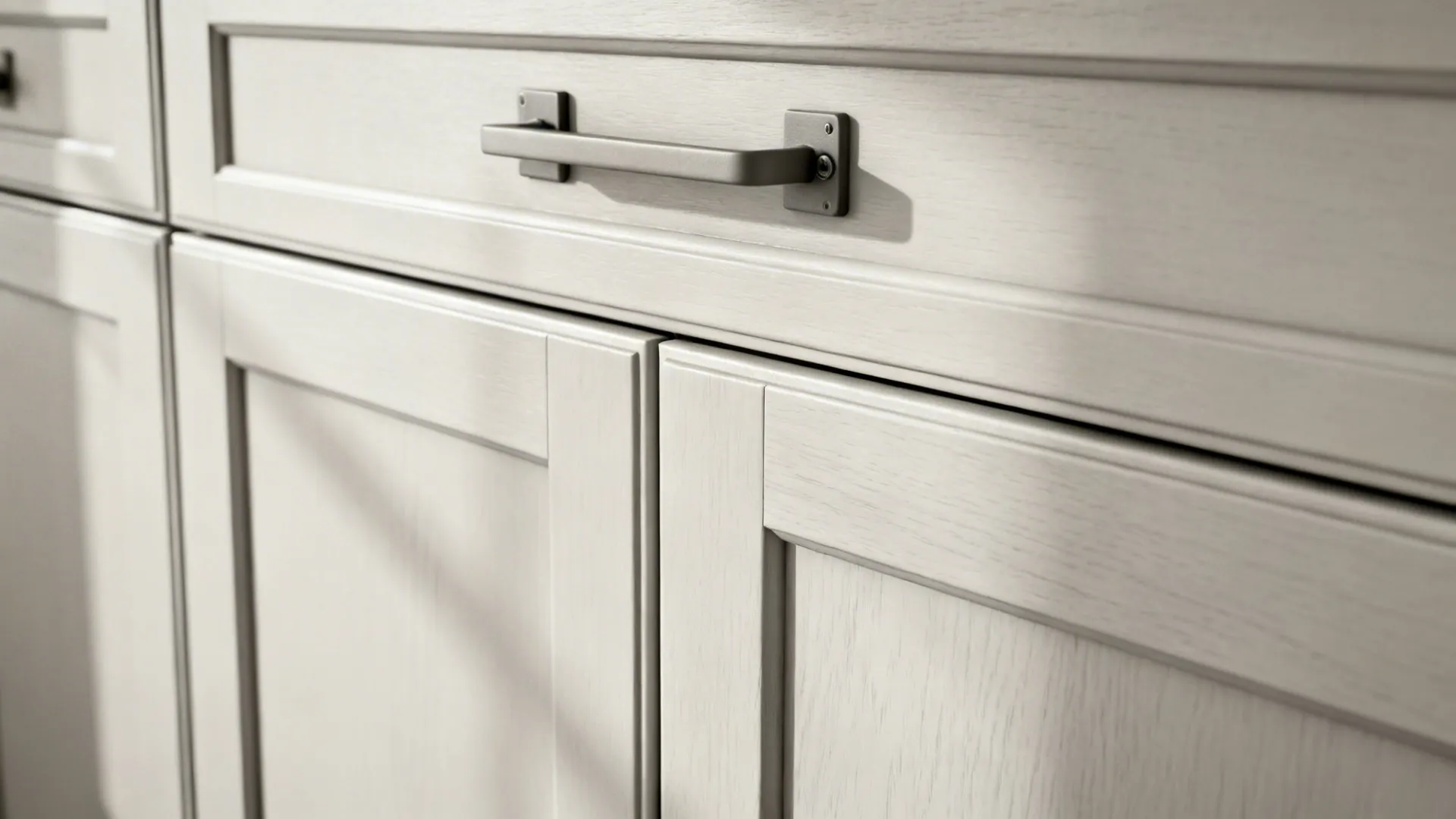Macro of slim shaker cabinet door with integrated pull and precise hinge alignment.