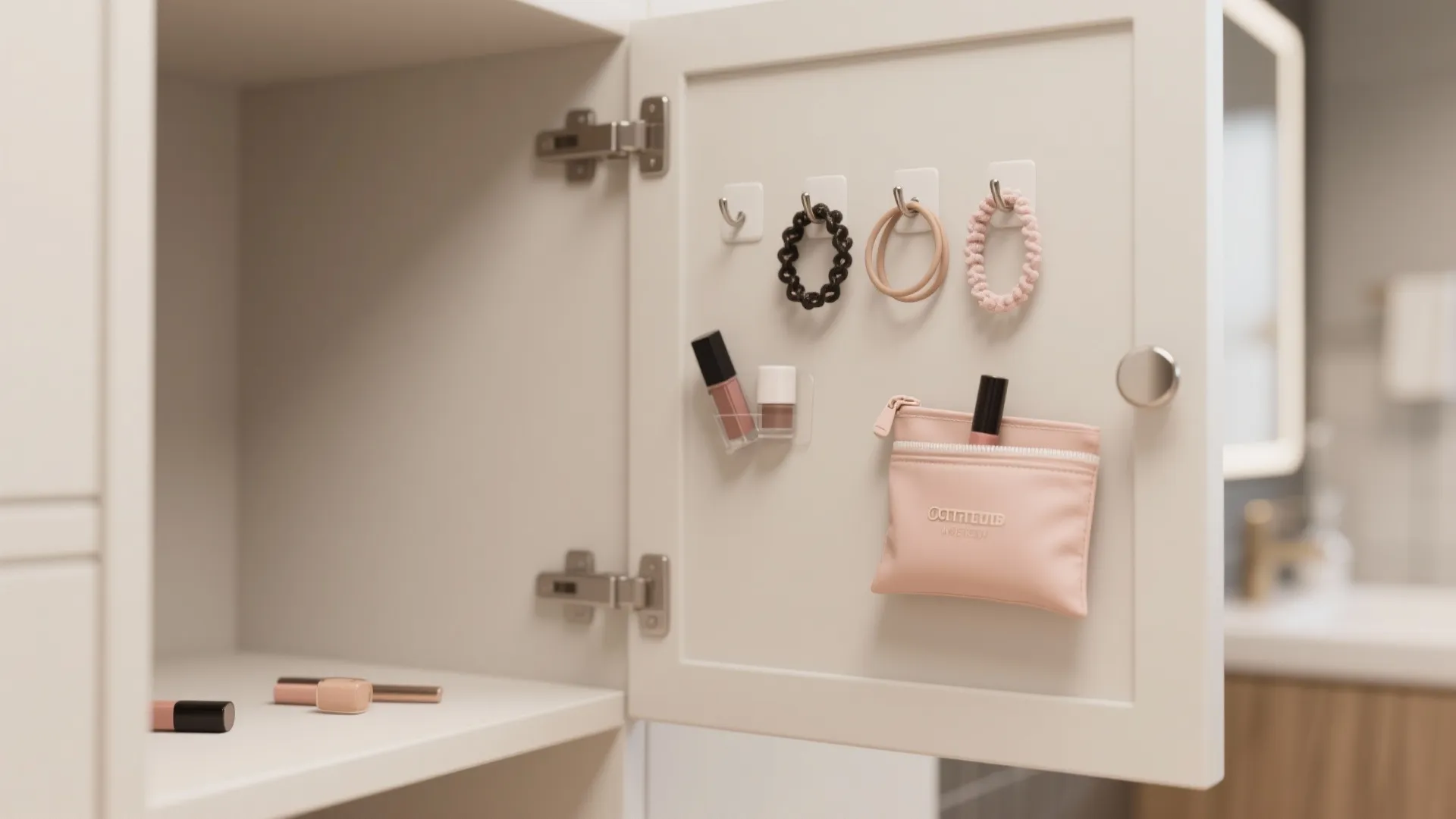 Inside a white cabinet door featuring small hooks for hair ties and a pink pouch