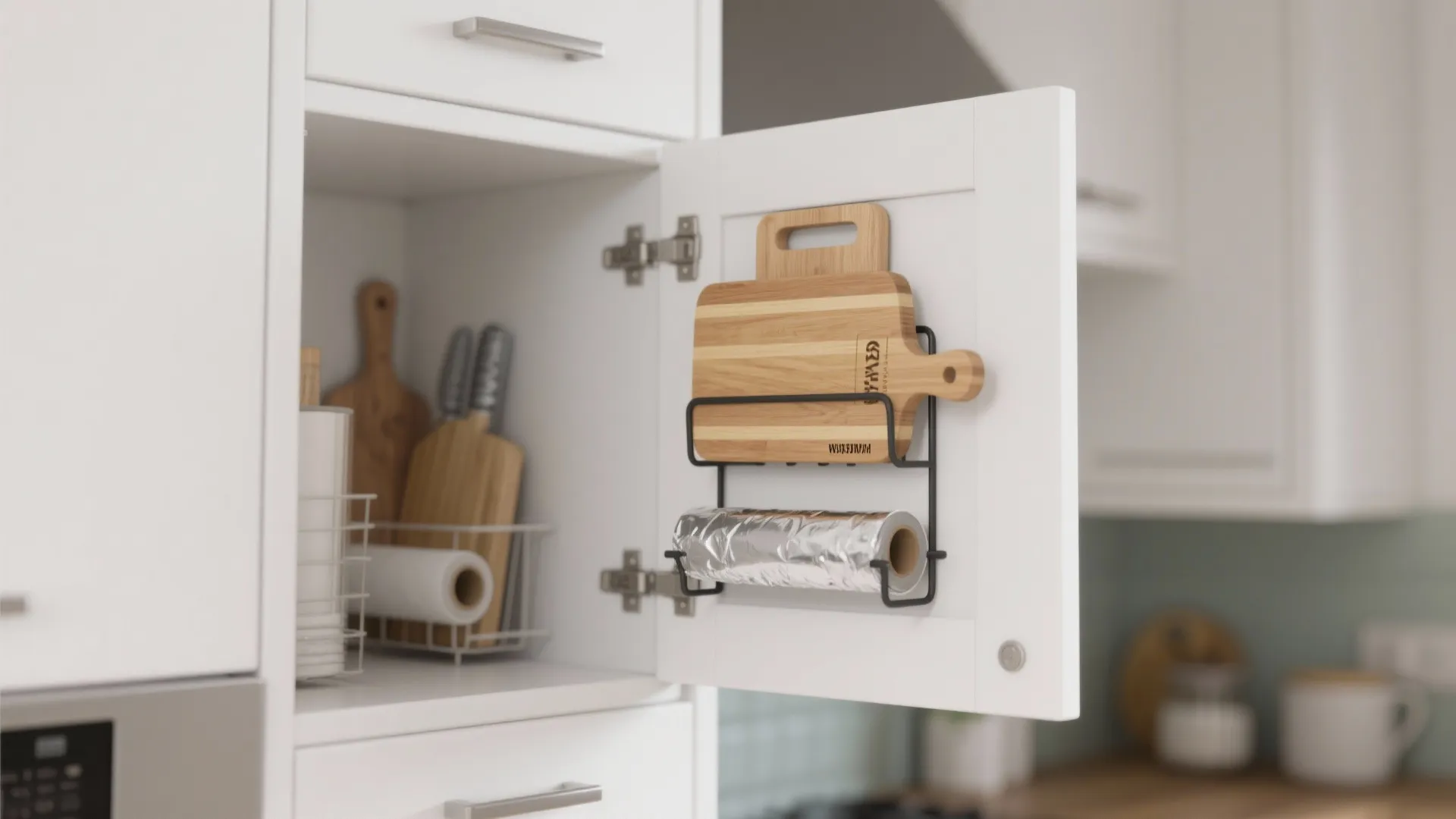 Inside a white kitchen cabinet with a door rack holding a cutting board and foil