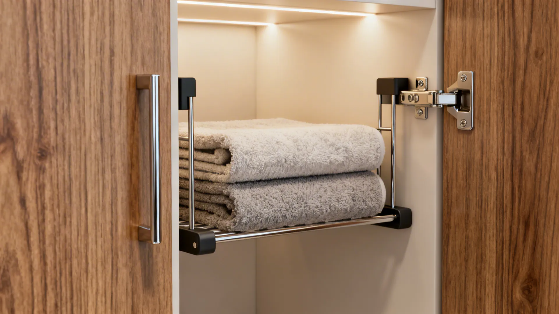Inside-vanity cabinet door with mounted slim towel racks