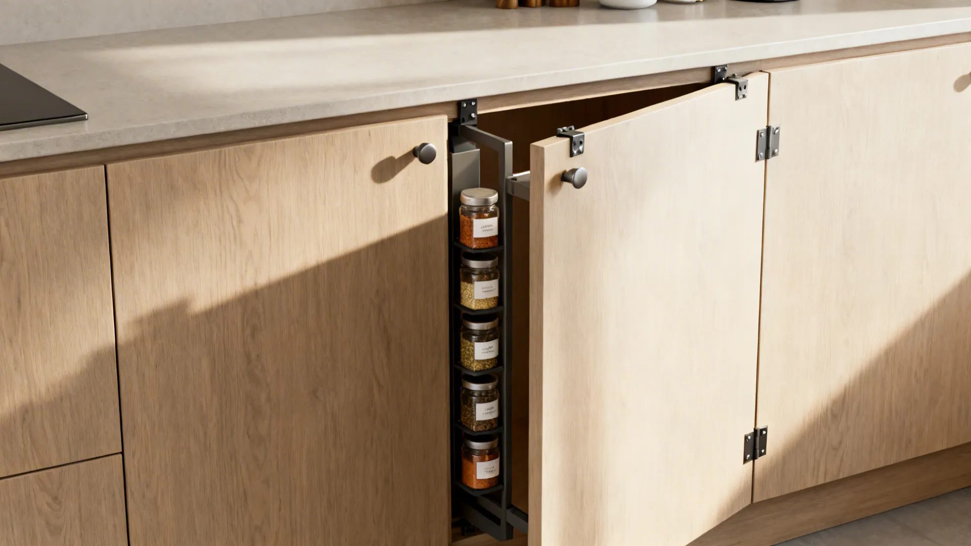 Inside-cabinet door spice rack holding labeled jars, shown in a modern kitchen.