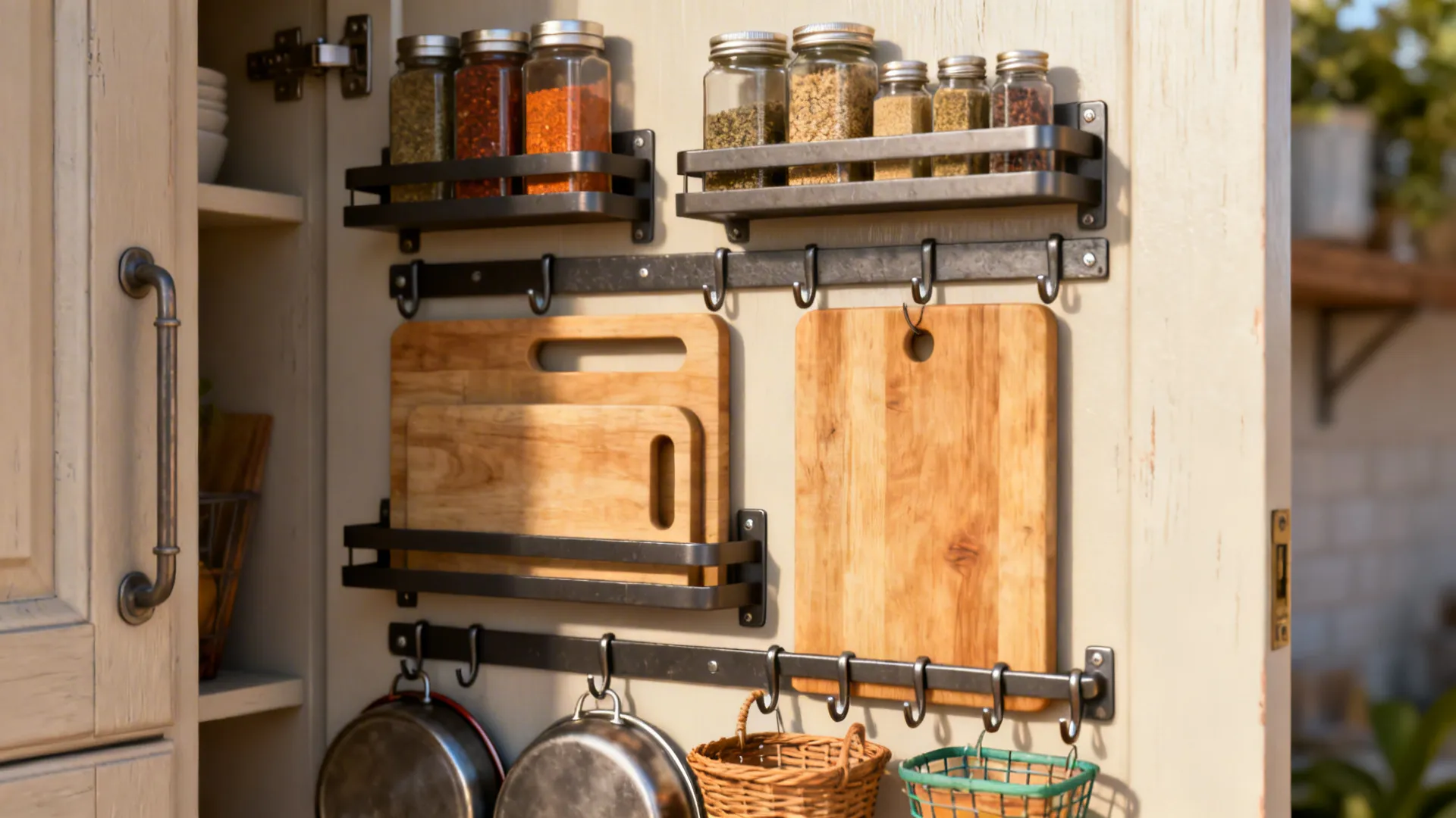 Inside of a cabinet door with spice racks and hooks for cutting boards and pans