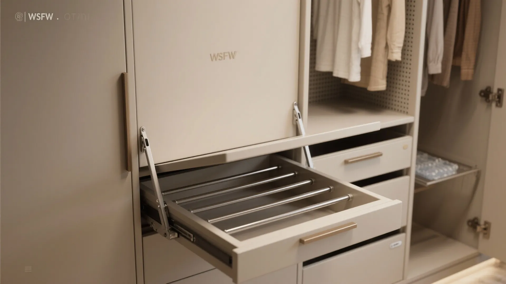 Modern cream colored wardrobe featuring a pull out metal drying rack and neat hanging clothes
