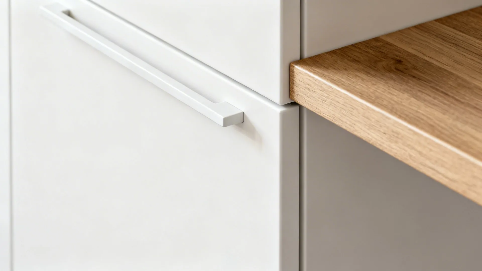 Close up view of white kitchen cabinet with long handle and natural wood side shelf