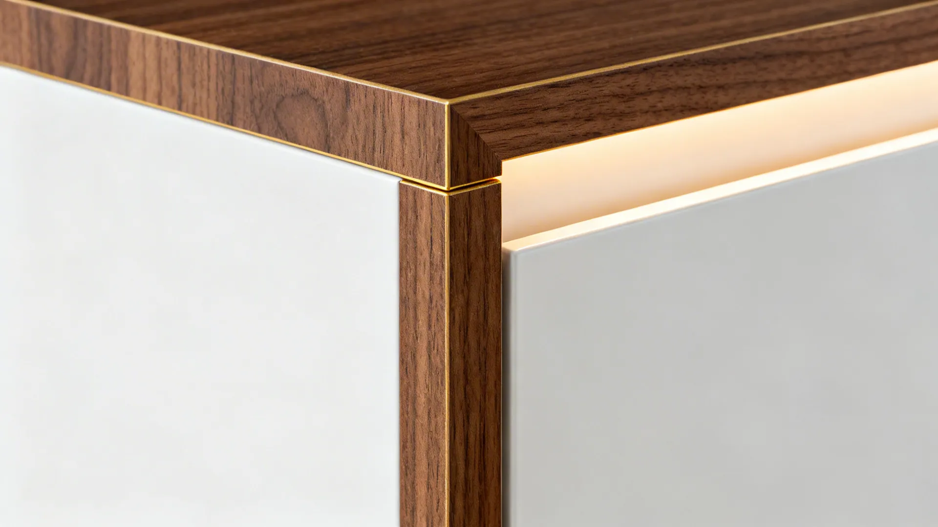 Close up of a wooden cabinet corner with white front panel gold trim and lighting