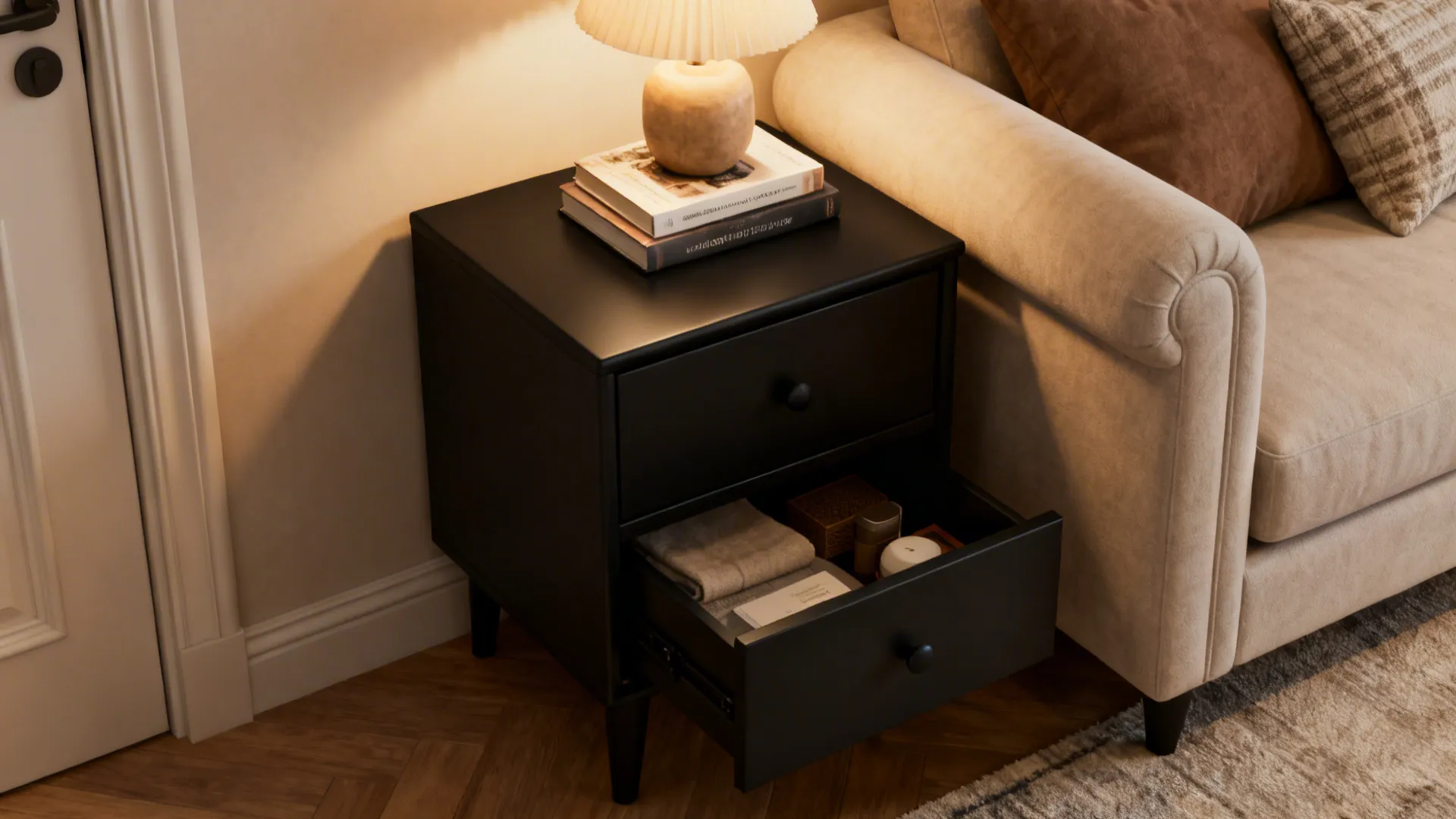 Matte black bedside-style cabinet used as an end table with lamp and books in a small living room.