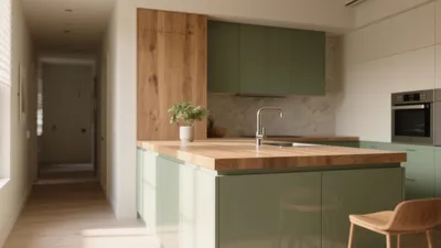 Sage Green Kitchen with Wood Island – Modern & Calm Design