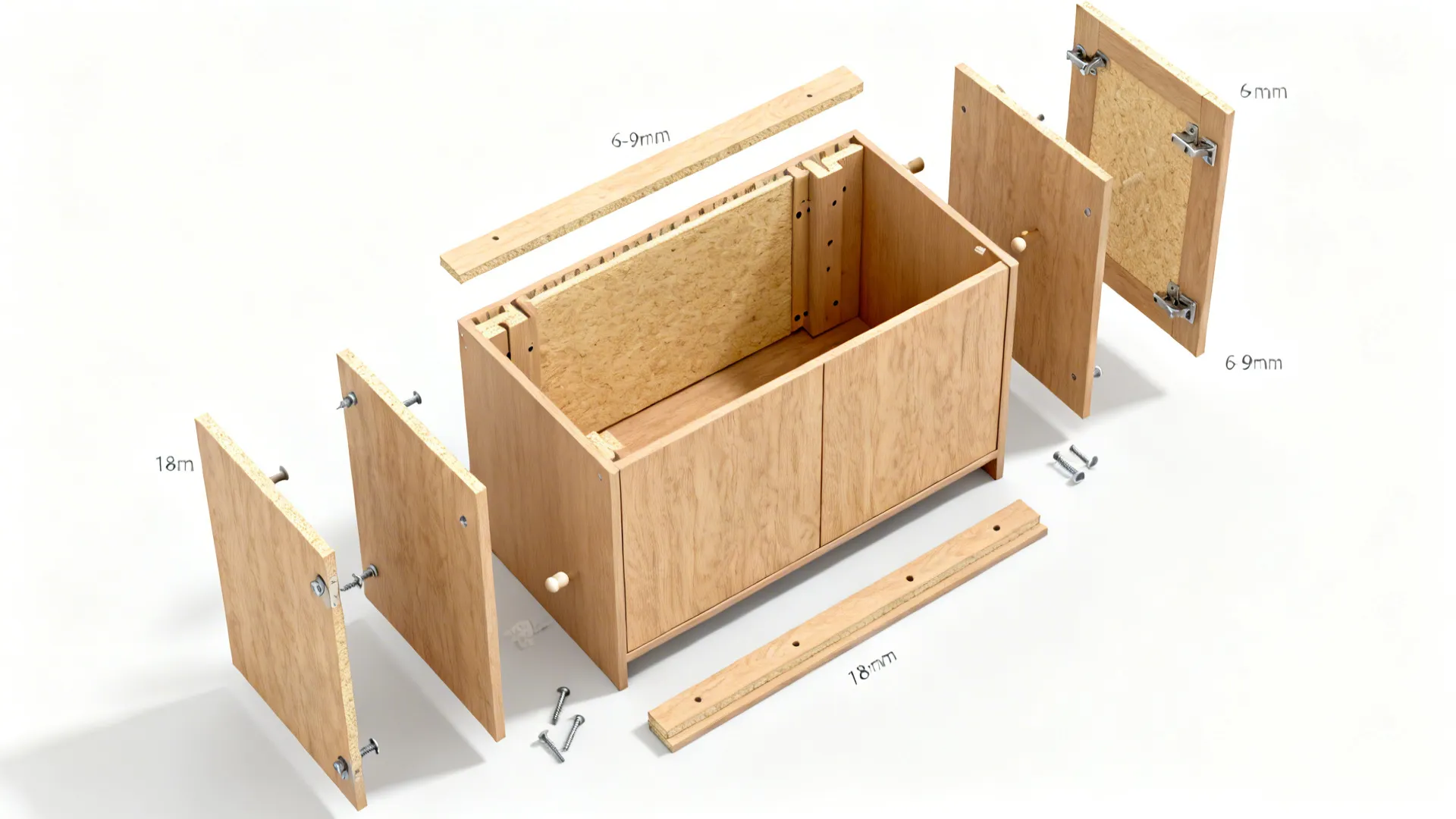 Top-down exploded view of a cabinet with 18 mm carcass, rabbeted back, and stretcher rails.