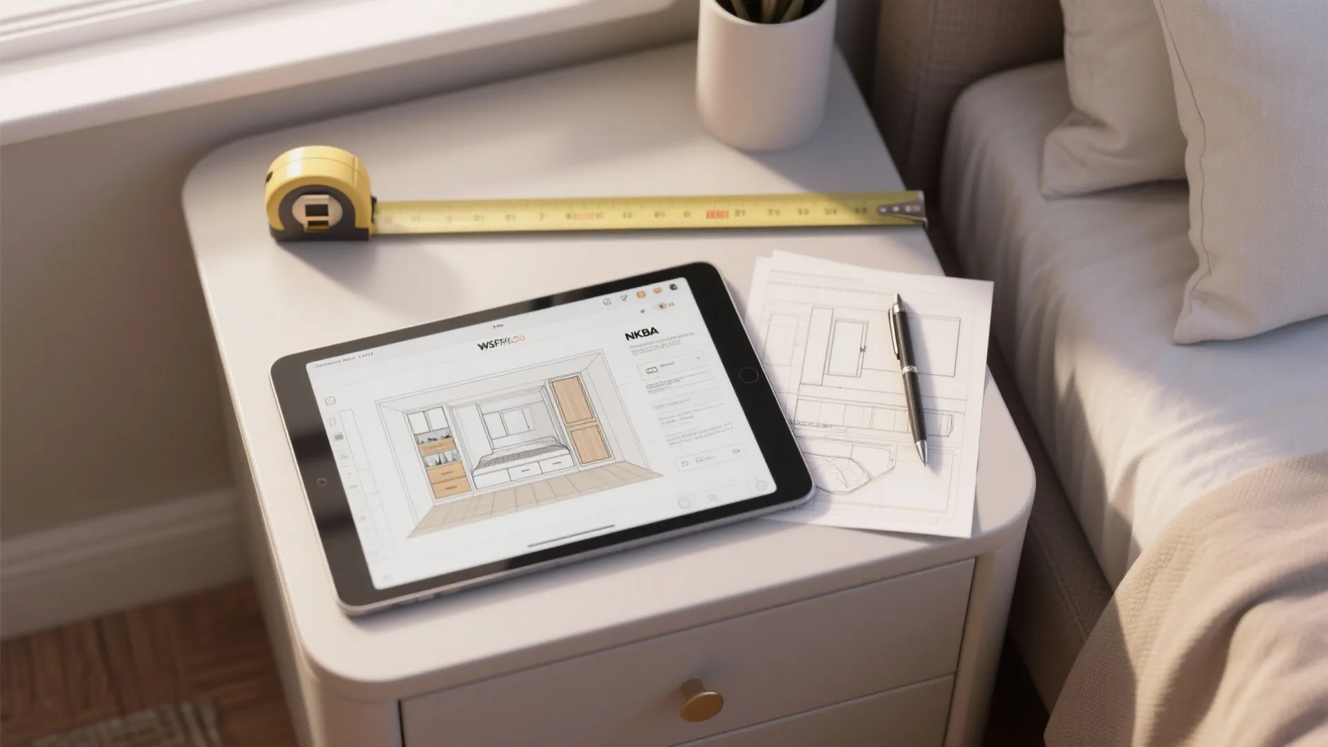 Tablet displaying interior design drawing alongside a measuring tape and pen on a white nightstand