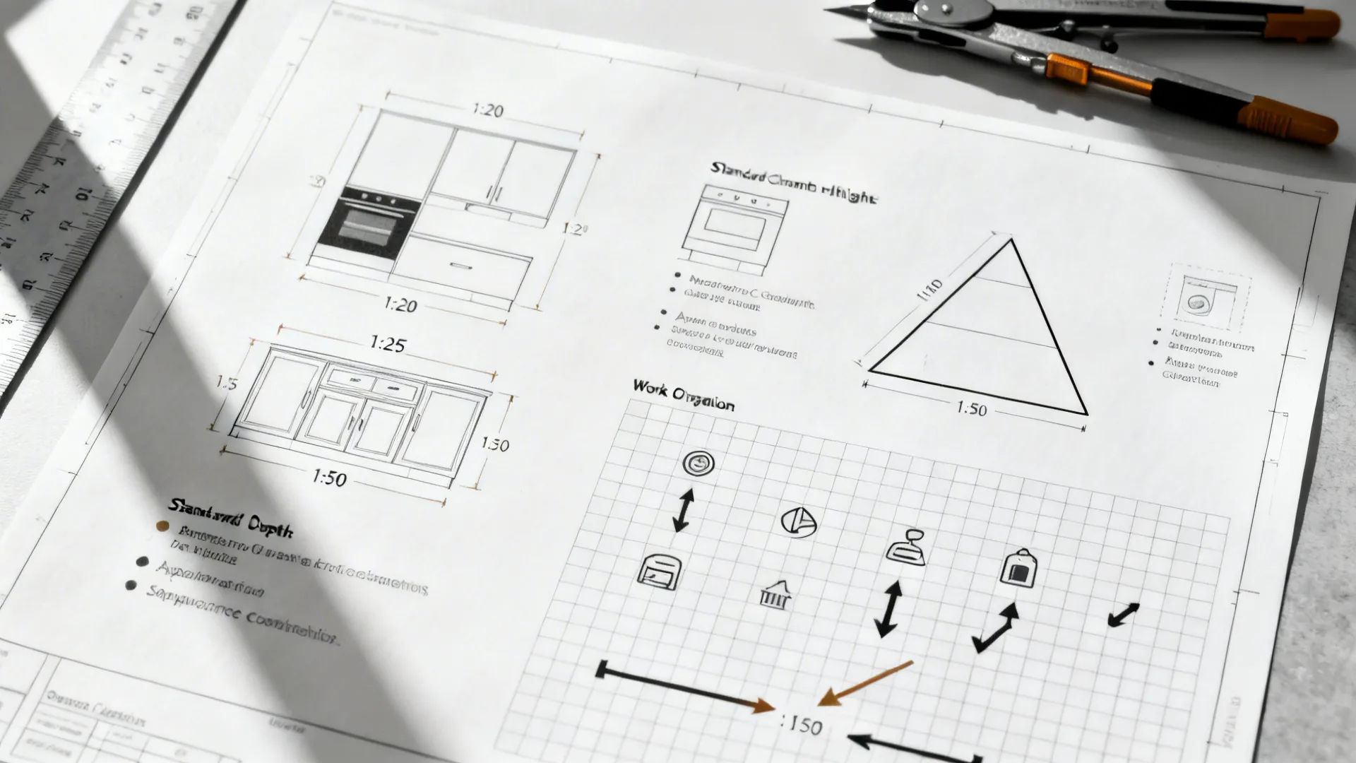 Top-down standards sheet with scales, cabinet sizes, appliance clearances, and a work triangle diagram.