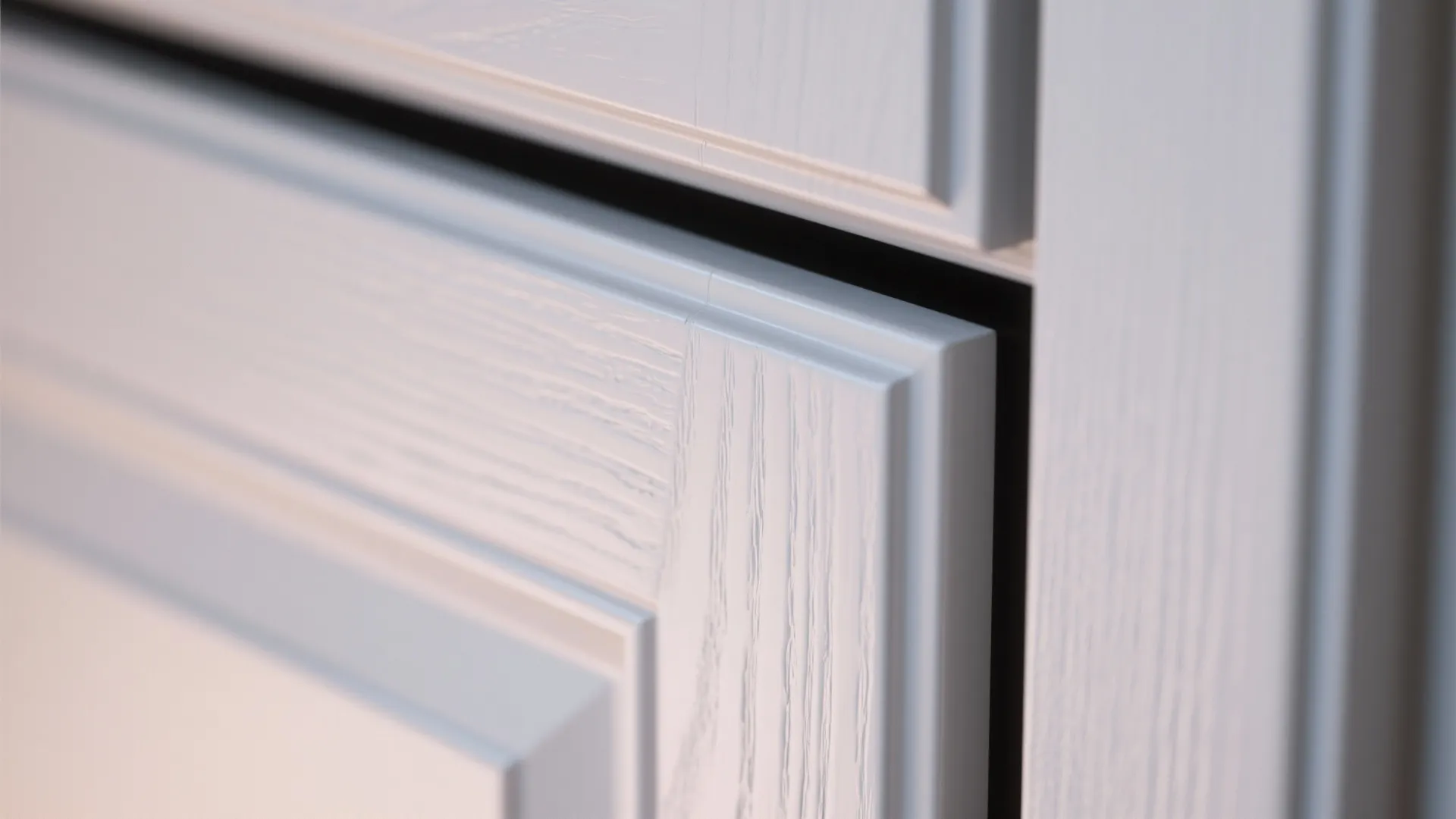 Close up view of white wood grain kitchen cabinet door showing texture and decorative panel detail