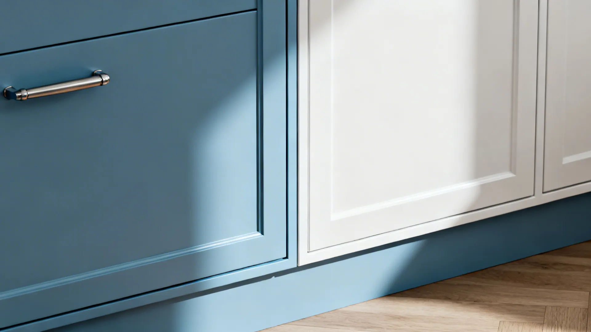Macro detail of sky-blue lower cabinet meeting white upper with brushed nickel hardware.