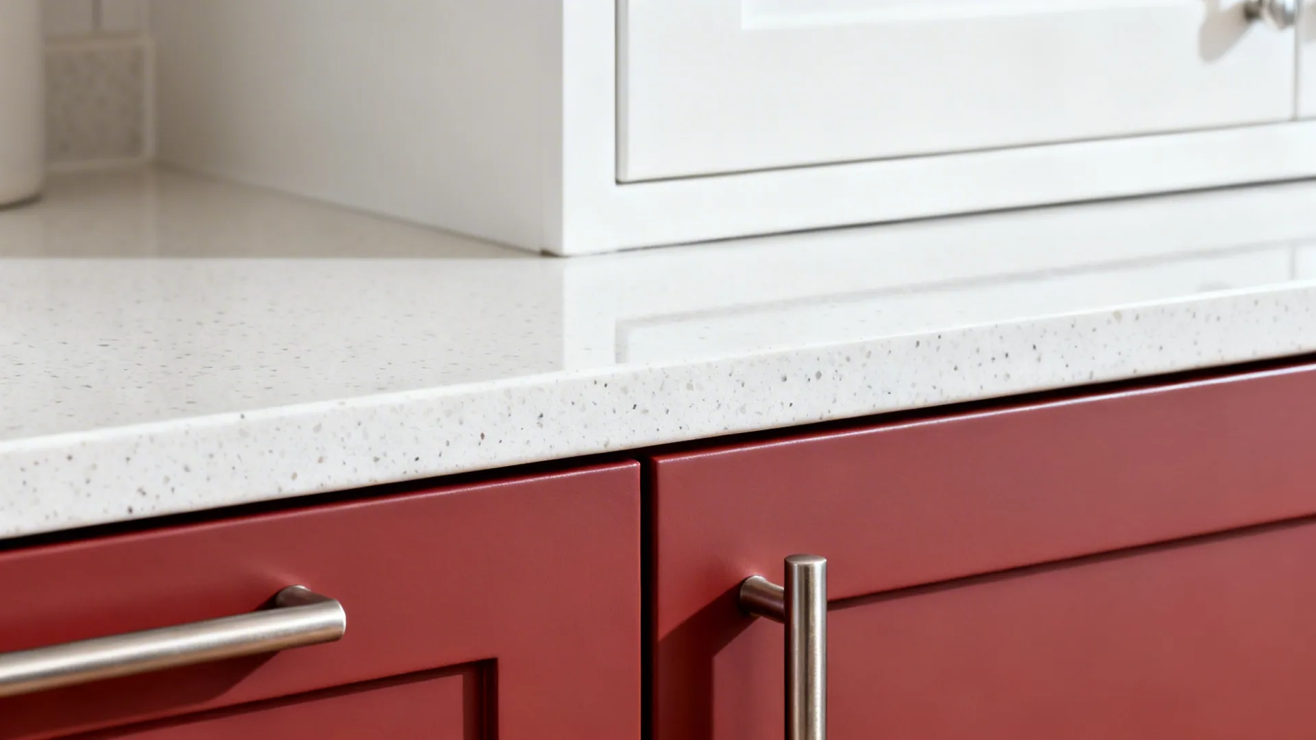 Macro of semi-matte red cabinet with quartz counter and brushed nickel pull.