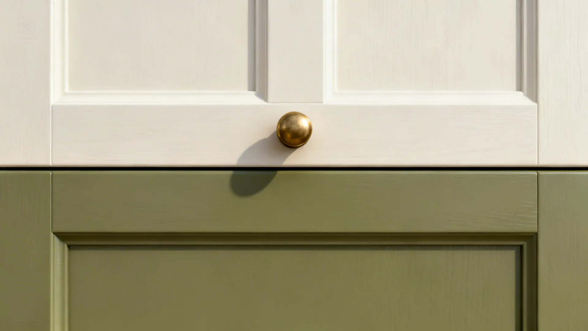 Macro of cabinet paint transition with warm white upper, olive lower, and brass hardware.