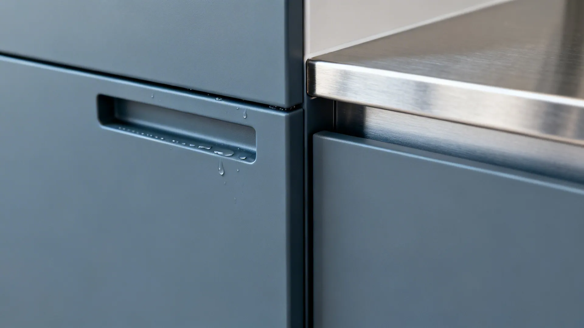Macro of matte powder-coated door and brushed stainless edge with water beading.