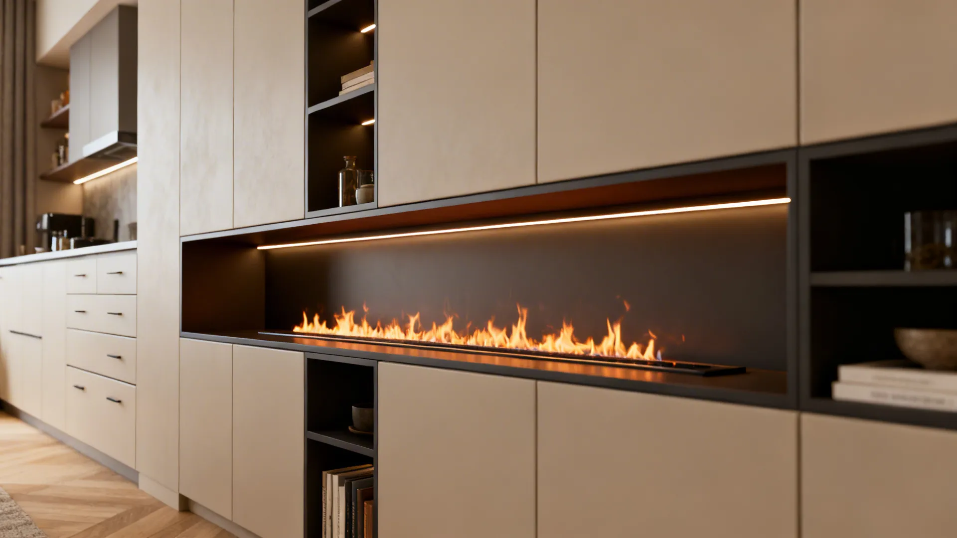 Slim linear electric fireplace built into custom cabinetry creating storage and a partition between kitchen and living areas.