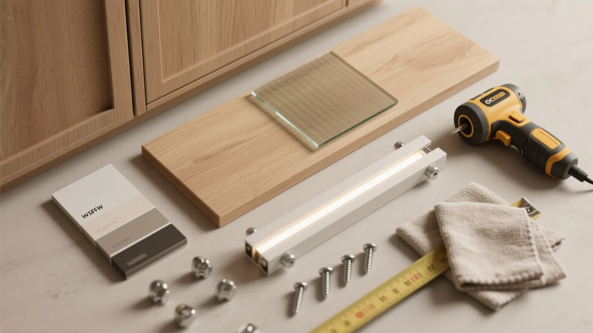 Cabinet assembly tools including electric drill screws wood board glass panel and a small light fixture