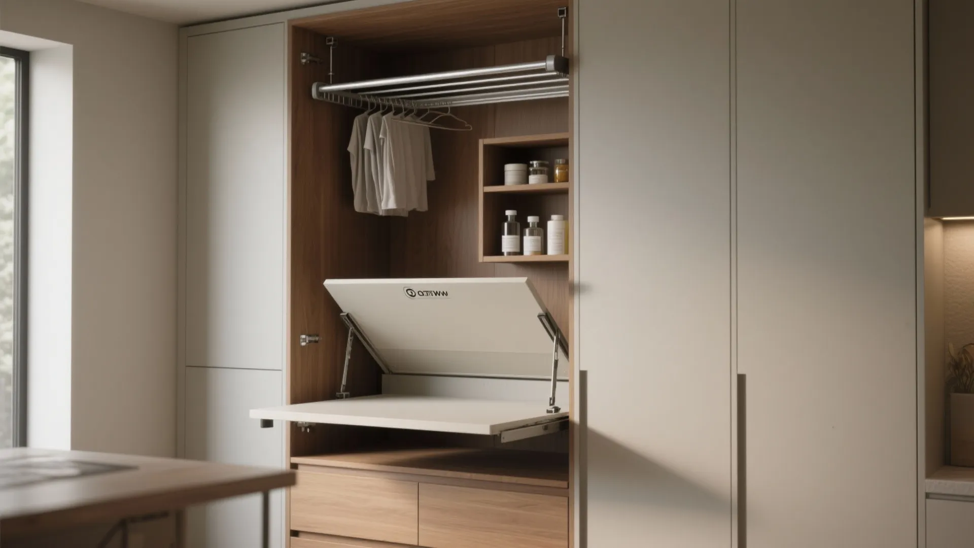 5. Cabinet-integrated flip-down table with overhead drying
