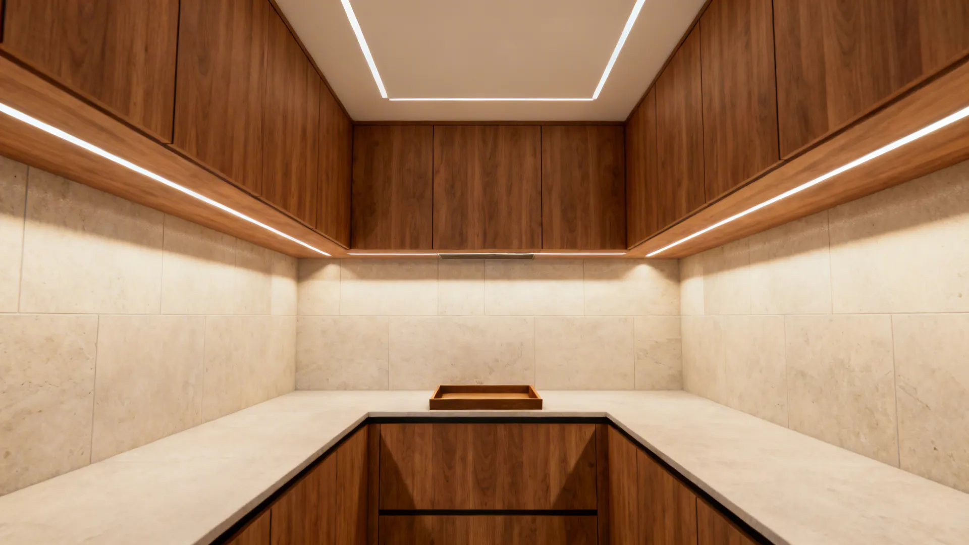 Kitchen showing ceiling lights aligned with cabinet and countertop lines for balance.