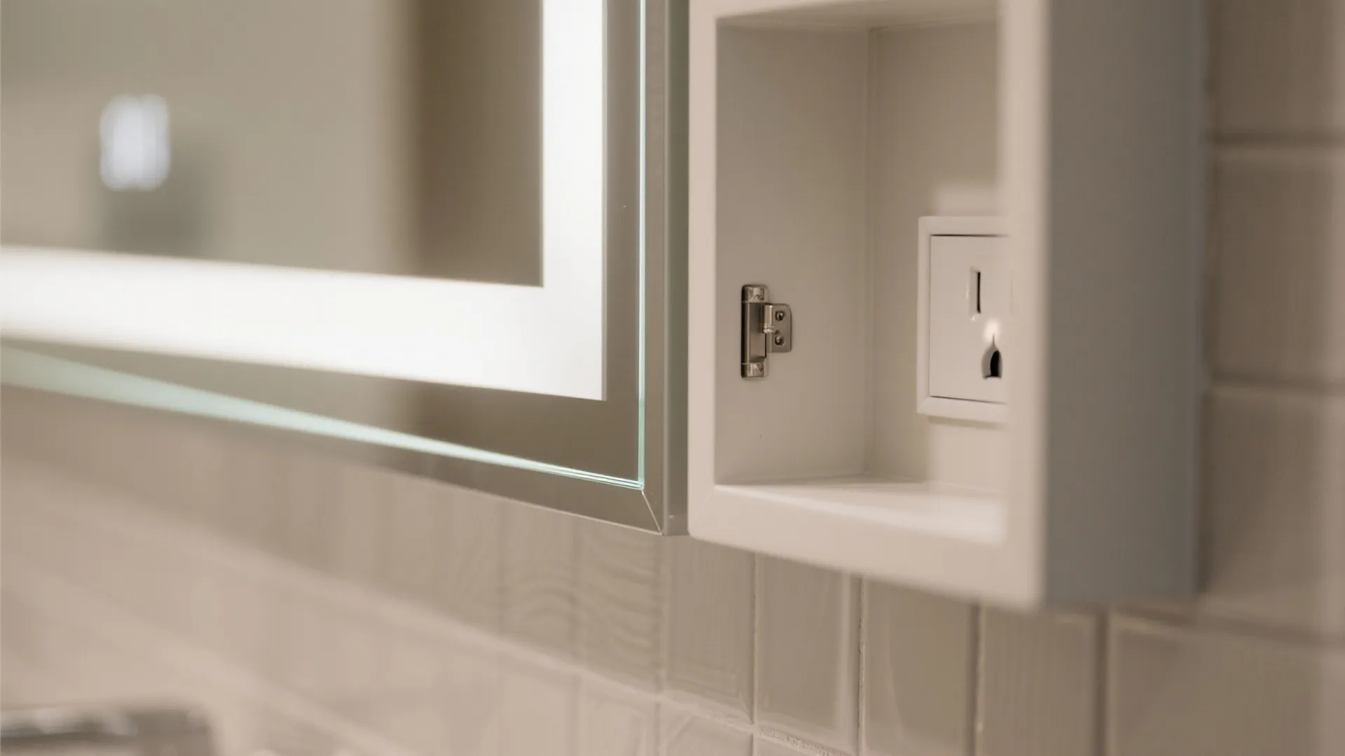Macro of a recessed medicine cabinet flush with tile and aligned grout lines.